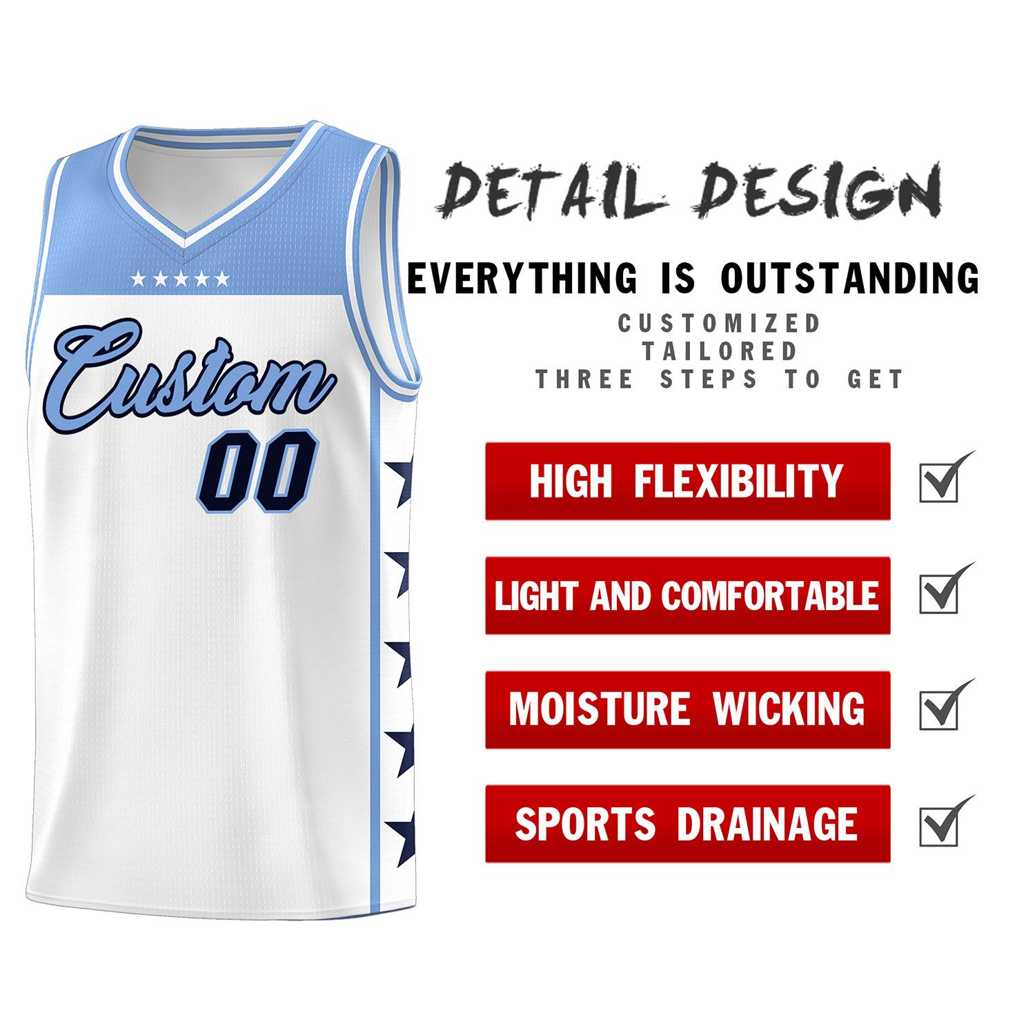 Custom White Light Blue Personalized Star Pattern Sports Uniform Basketball Jersey