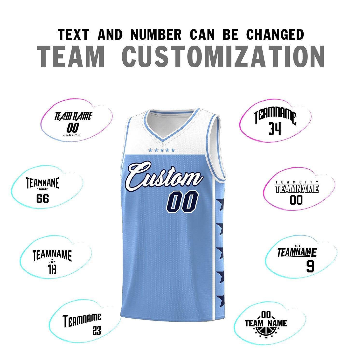 Custom Light Blue White Personalized Star Pattern Sports Uniform Basketball Jersey