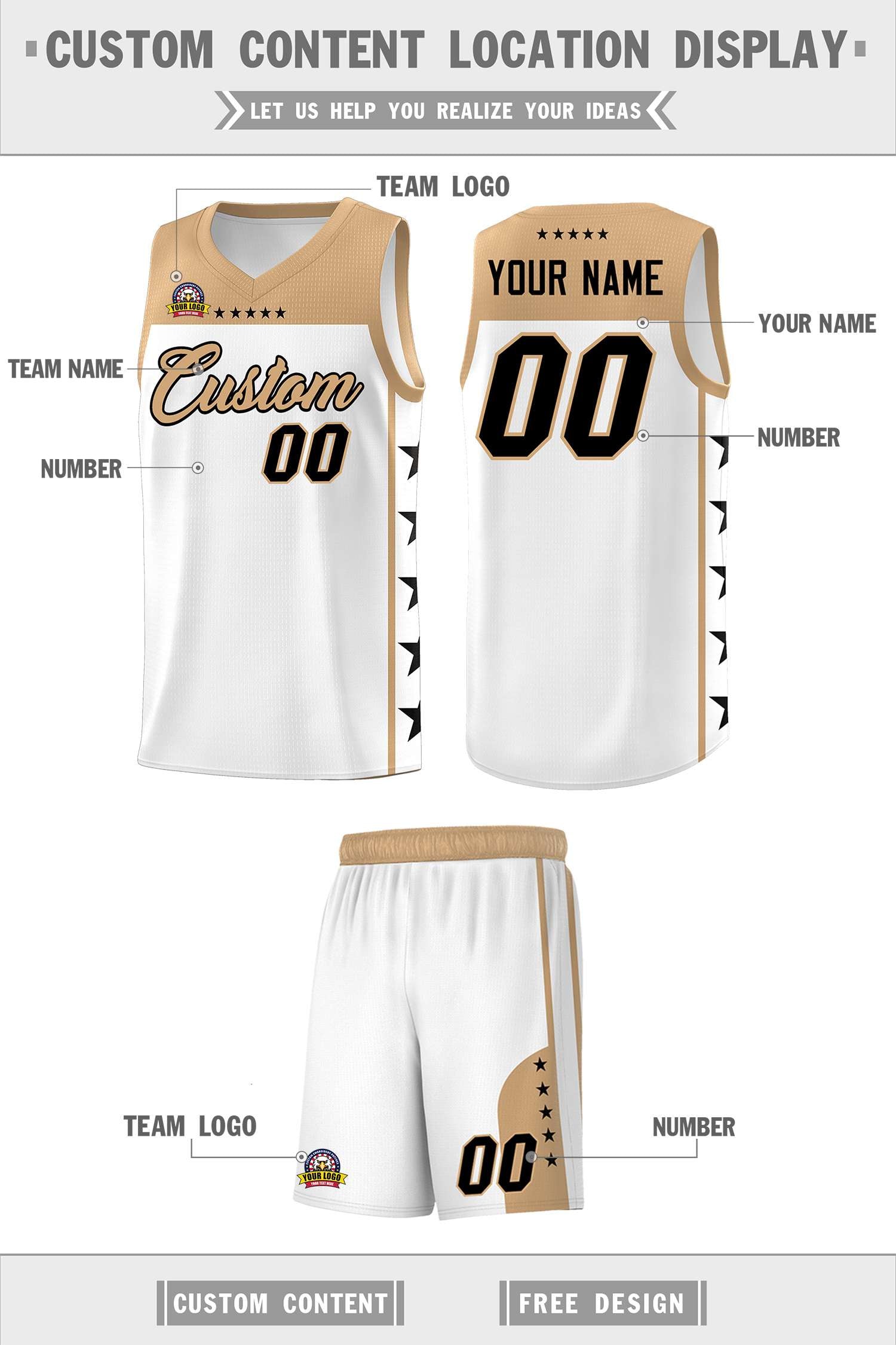 Custom White Old Gold Personalized Star Pattern Sports Uniform Basketball Jersey
