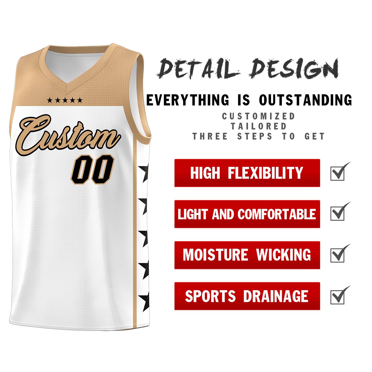 Custom White Old Gold Personalized Star Pattern Sports Uniform Basketball Jersey