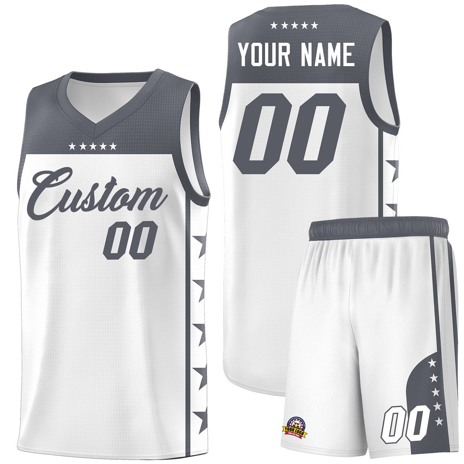 Custom White Dark Gray Personalized Star Pattern Sports Uniform Basketball Jersey