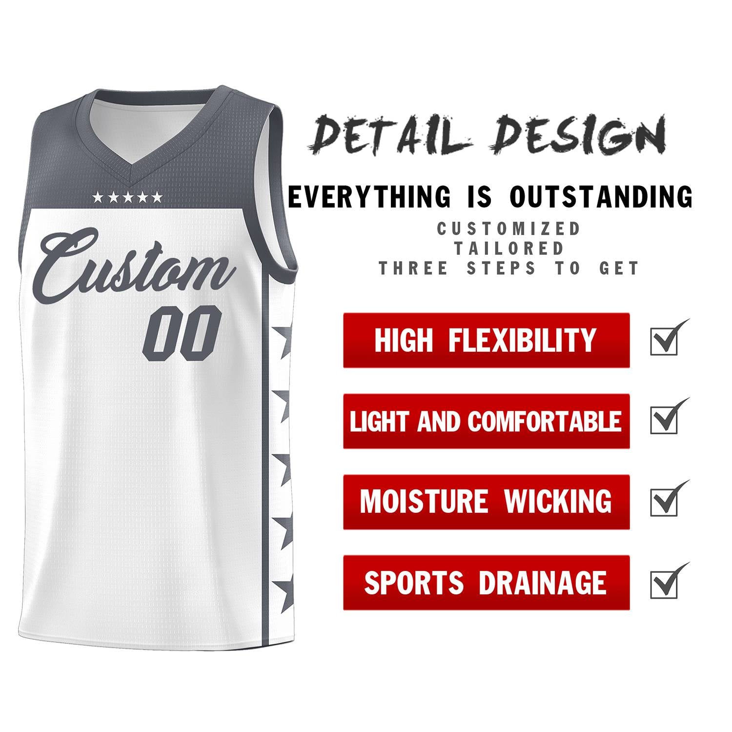 Custom White Dark Gray Personalized Star Pattern Sports Uniform Basketball Jersey