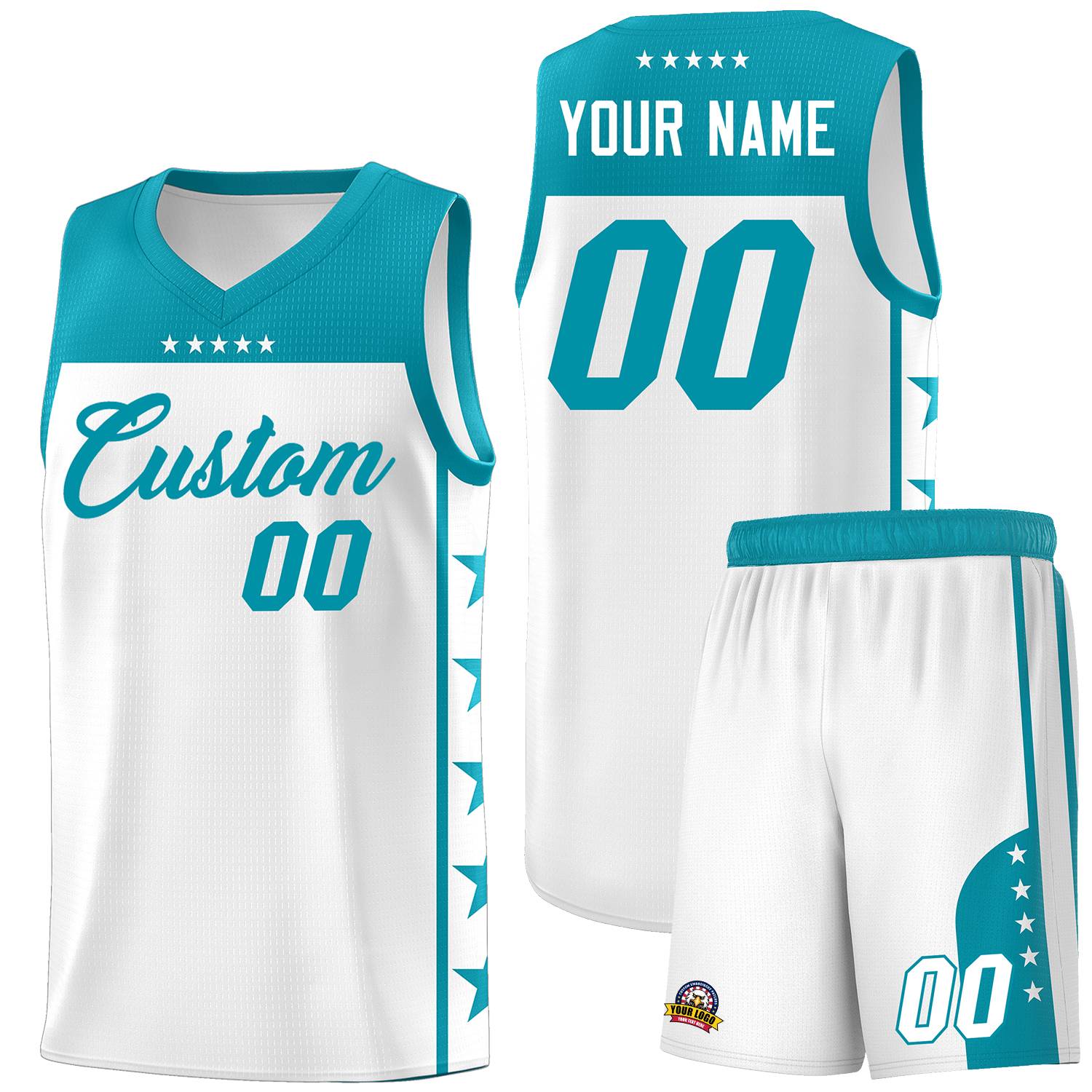 Custom White Aqua Personalized Star Pattern Sports Uniform Basketball Jersey