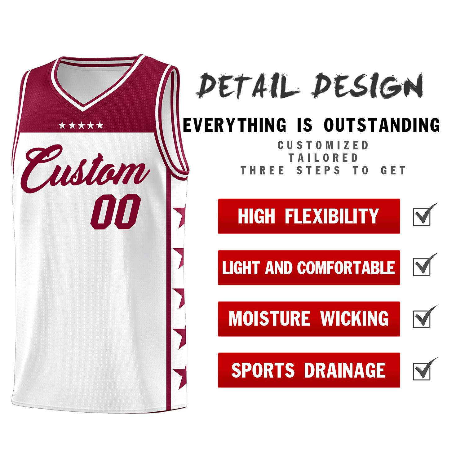 Custom White Crimson Personalized Star Pattern Sports Uniform Basketball Jersey
