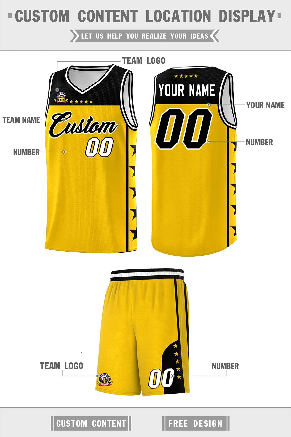 Custom Gold Black Personalized Star Pattern Sports Uniform Basketball Jersey