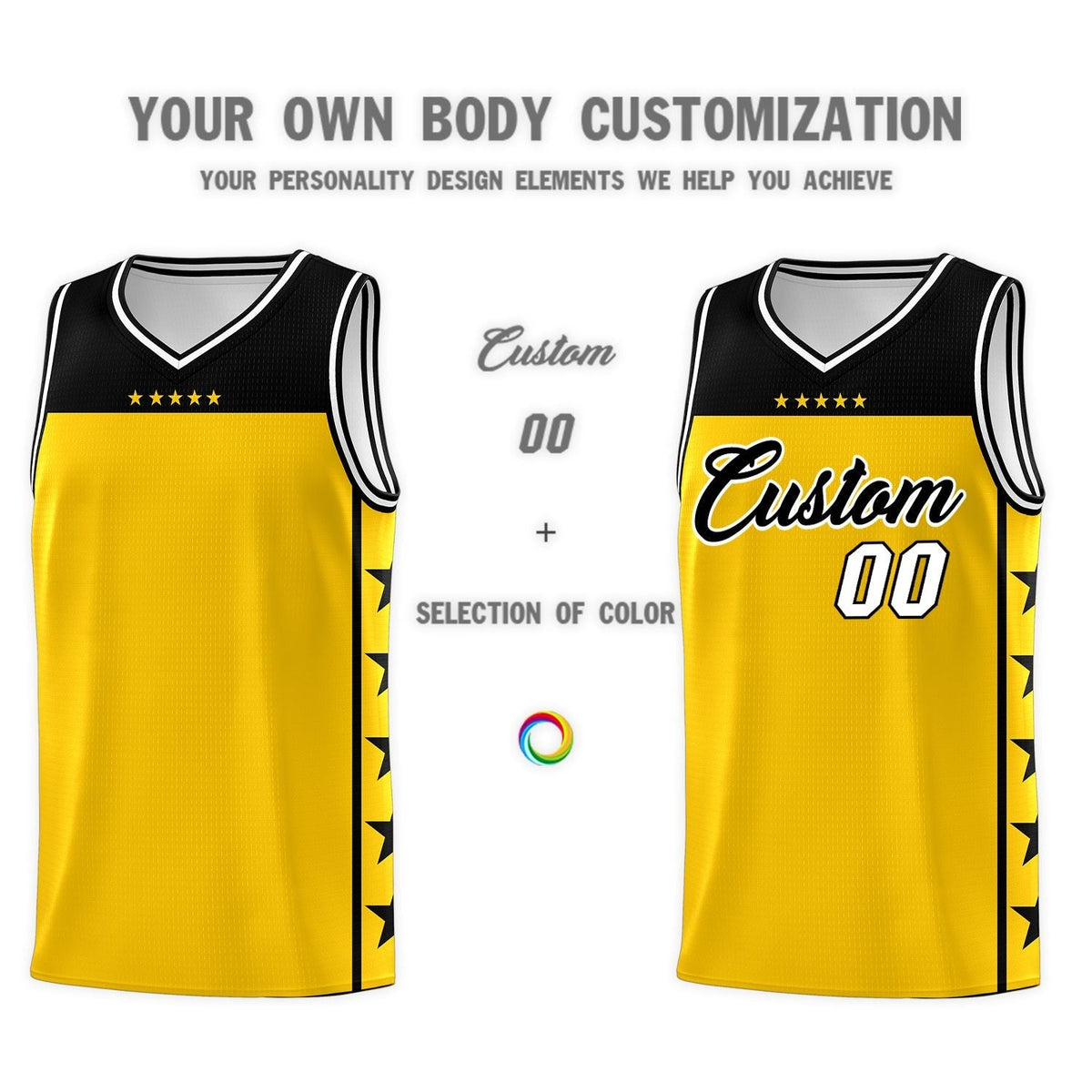 Custom Gold Black Personalized Star Pattern Sports Uniform Basketball Jersey