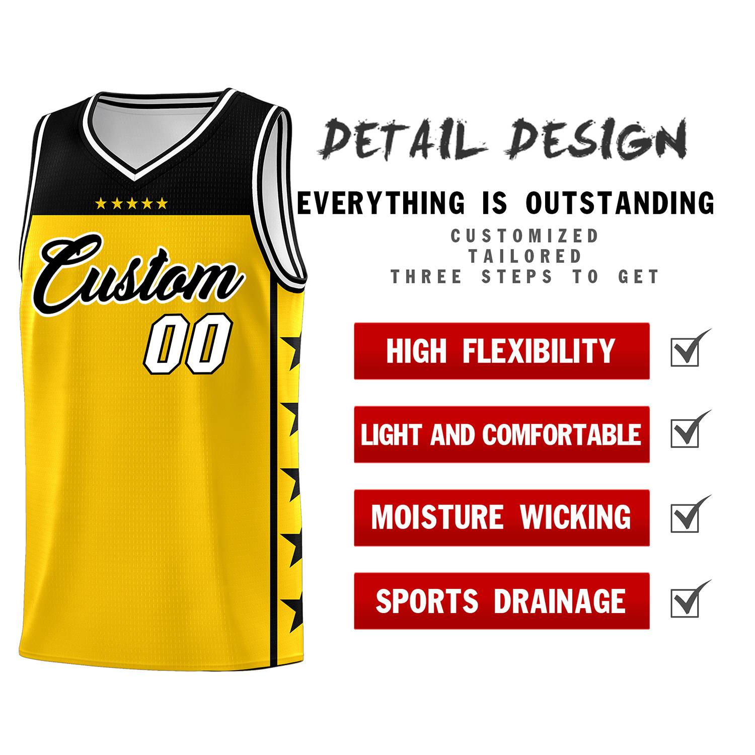 Custom Gold Black Personalized Star Pattern Sports Uniform Basketball Jersey