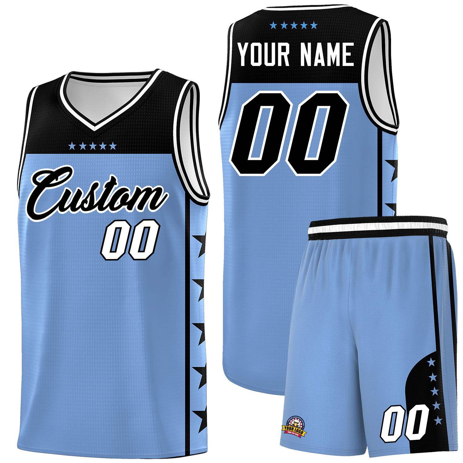 Custom Light Blue Black Personalized Star Pattern Sports Uniform Basketball Jersey