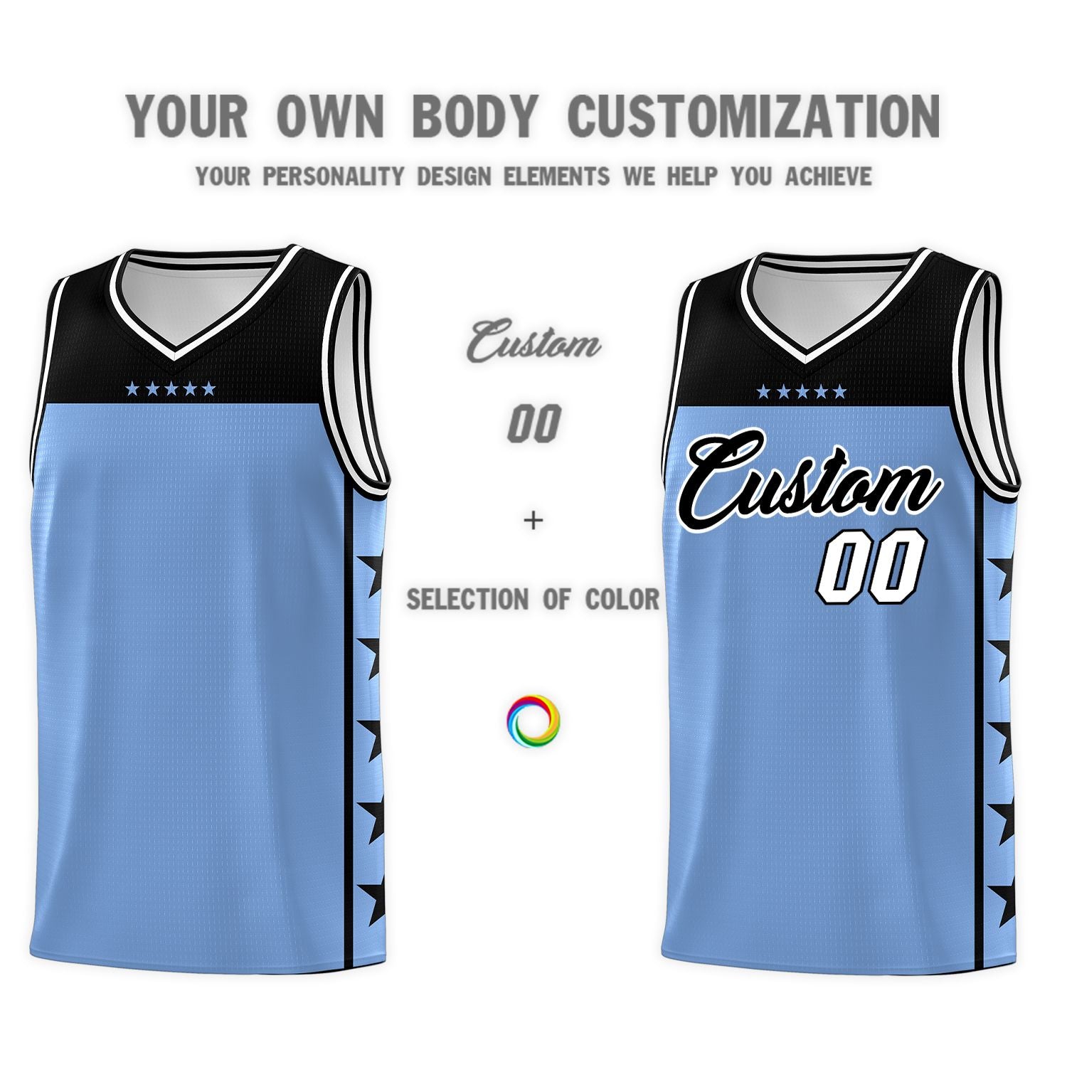 Custom Light Blue Black Personalized Star Pattern Sports Uniform Basketball Jersey