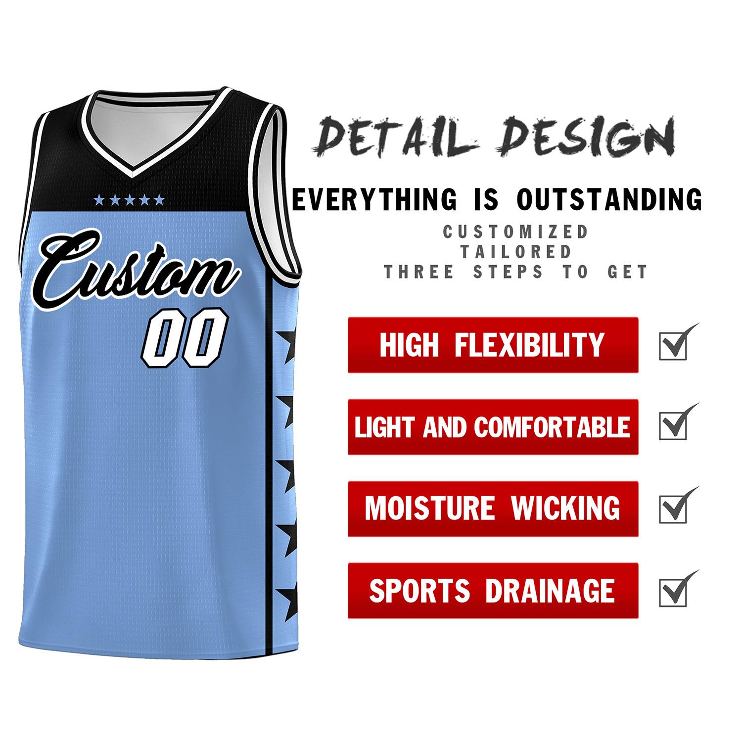 Custom Light Blue Black Personalized Star Pattern Sports Uniform Basketball Jersey