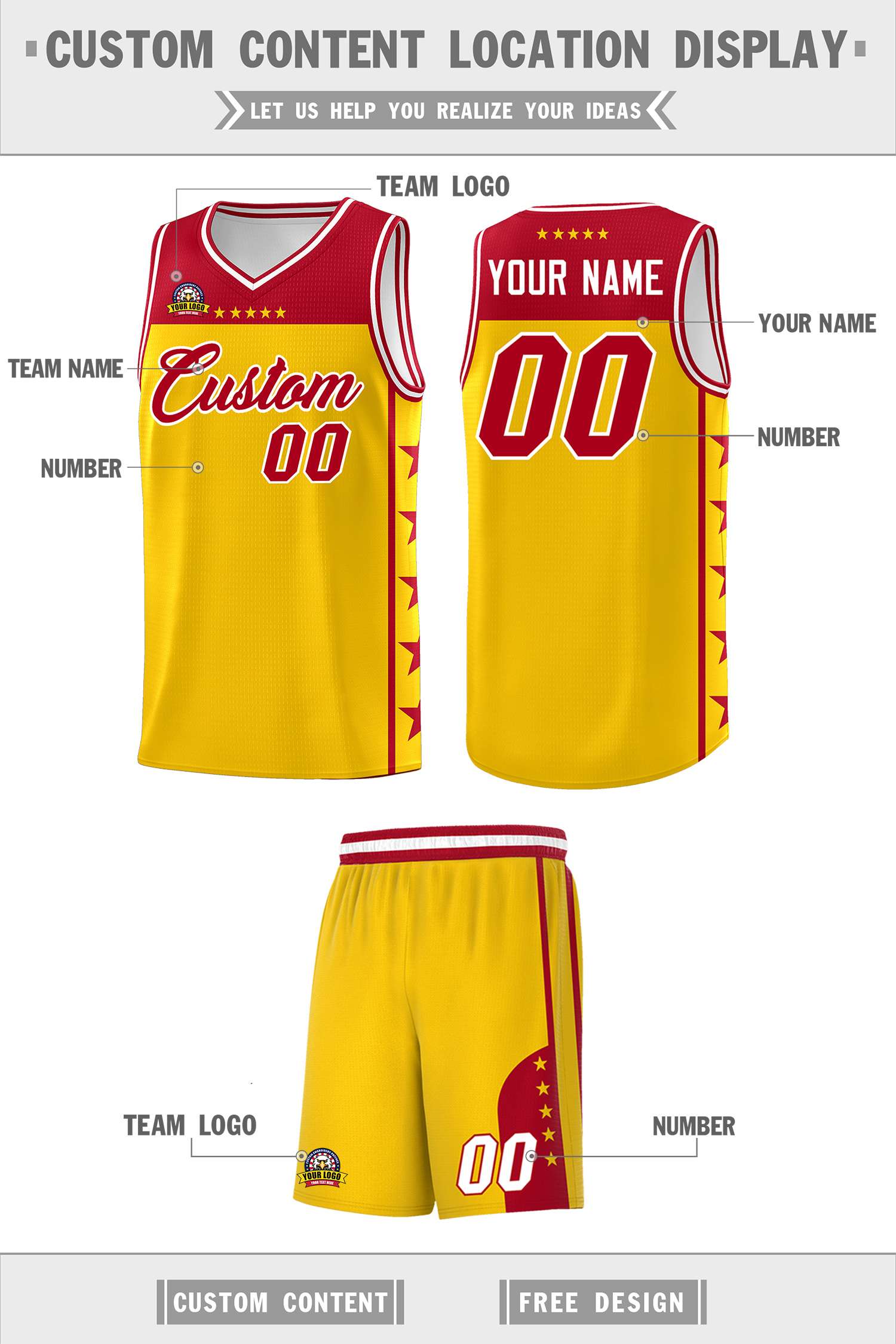Custom Gold Red Personalized Star Pattern Sports Uniform Basketball Jersey