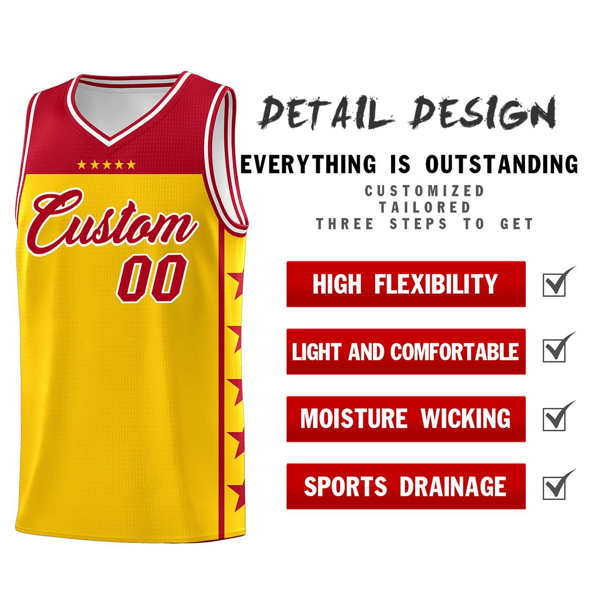 Custom Gold Red Personalized Star Pattern Sports Uniform Basketball Jersey