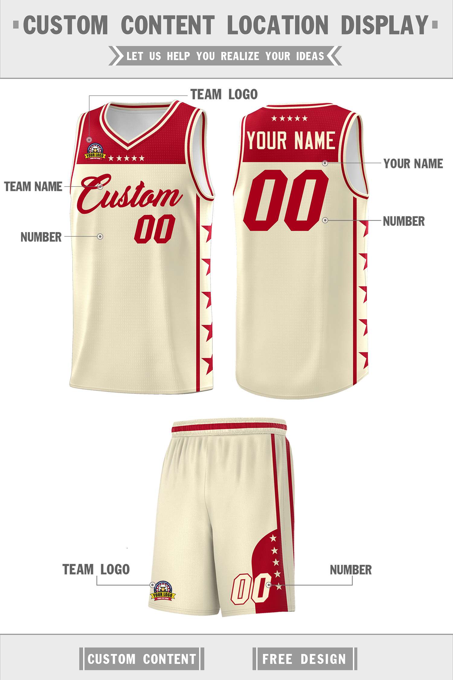 Custom Cream Red Personalized Star Pattern Sports Uniform Basketball Jersey