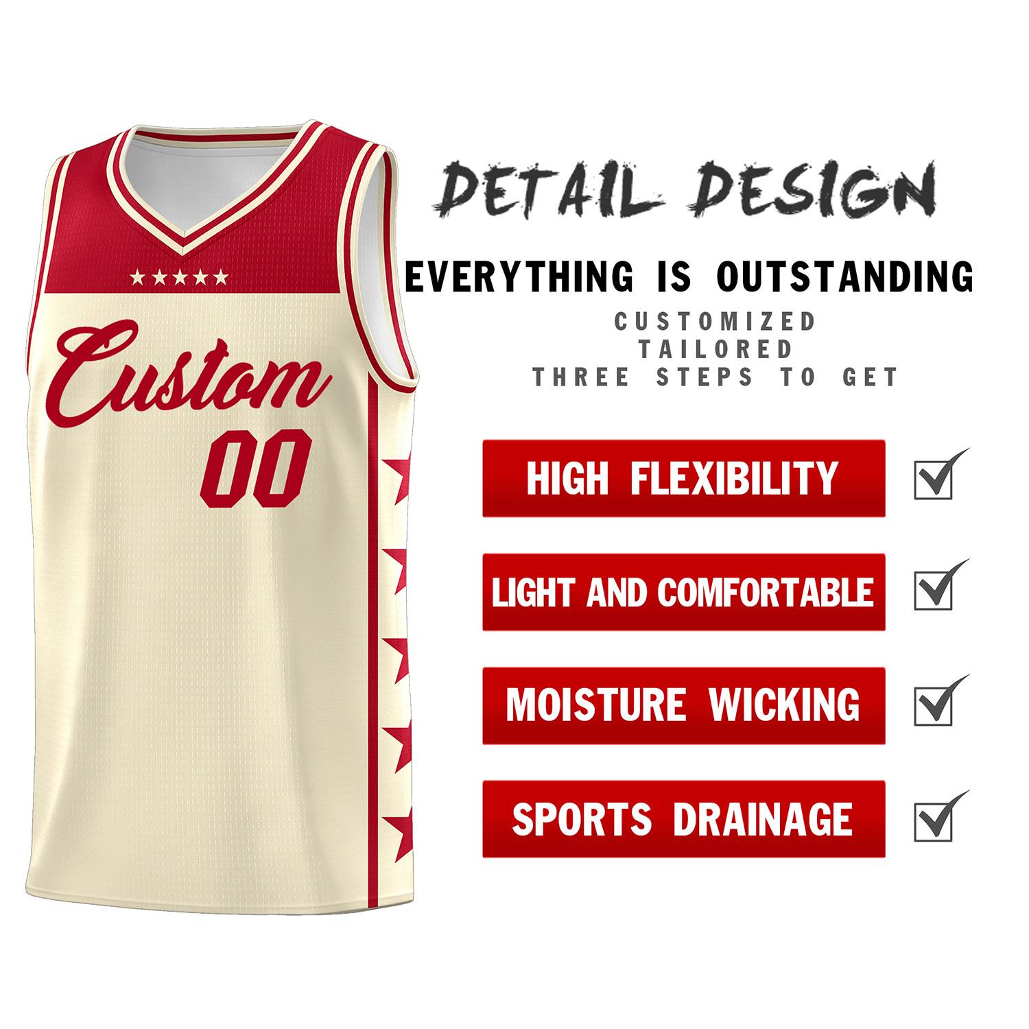 Custom Cream Red Personalized Star Pattern Sports Uniform Basketball Jersey
