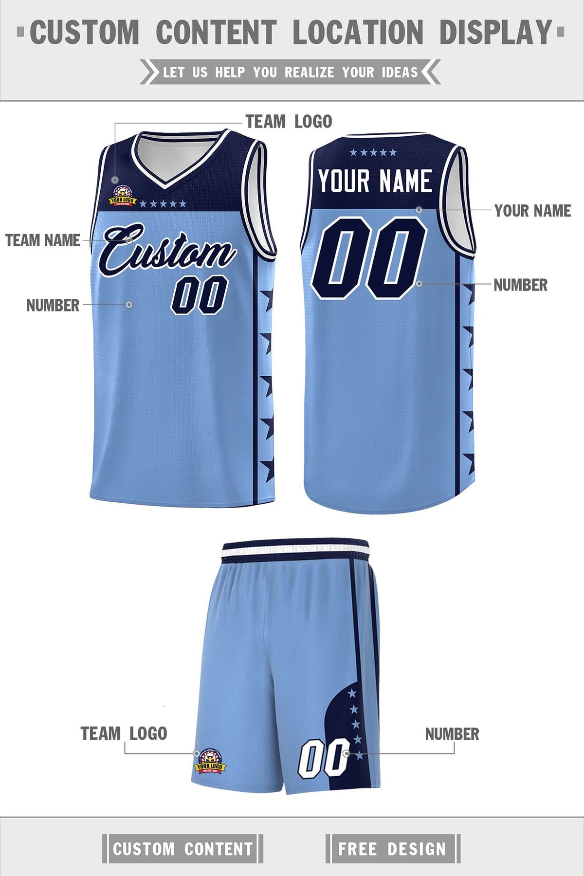 Custom Light Blue Navy Personalized Star Pattern Sports Uniform Basketball Jersey