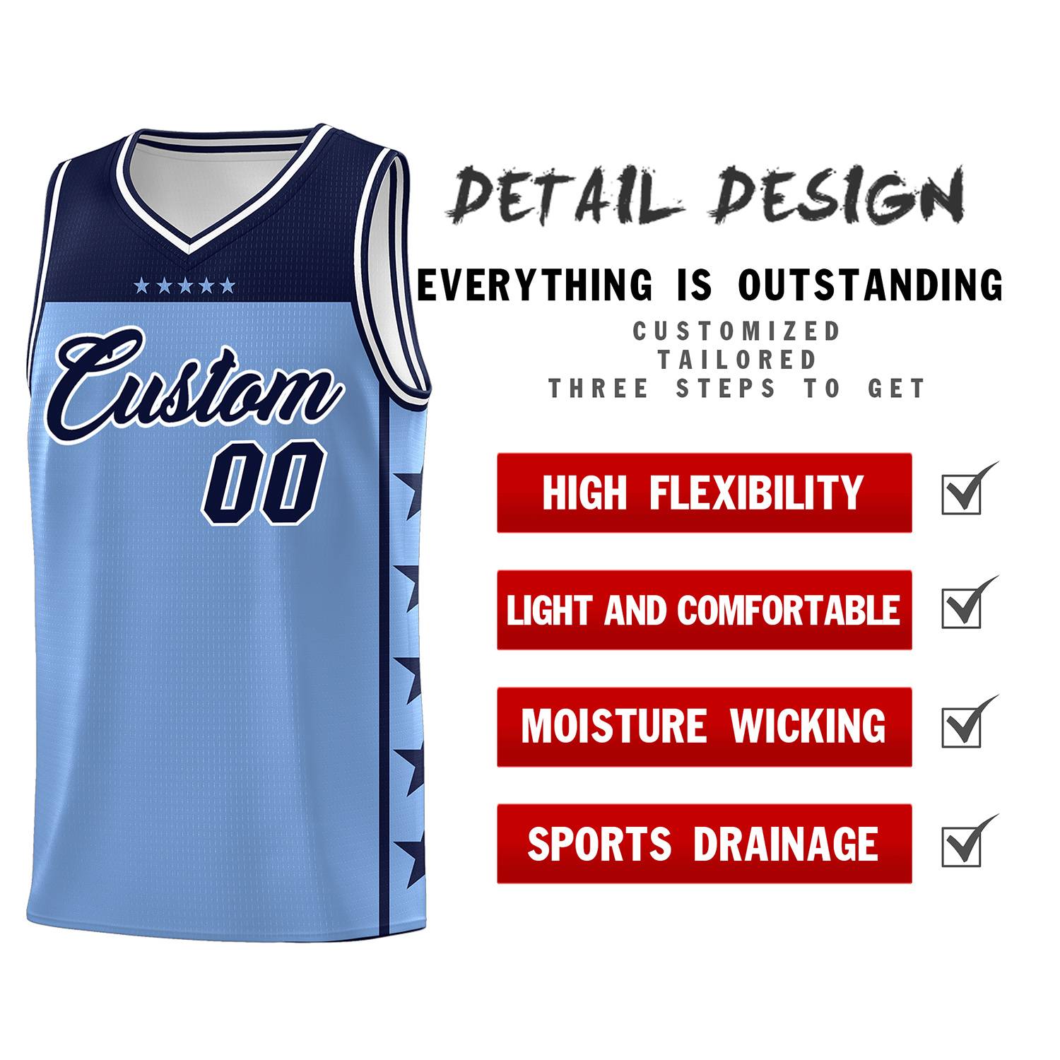 Custom Light Blue Navy Personalized Star Pattern Sports Uniform Basketball Jersey