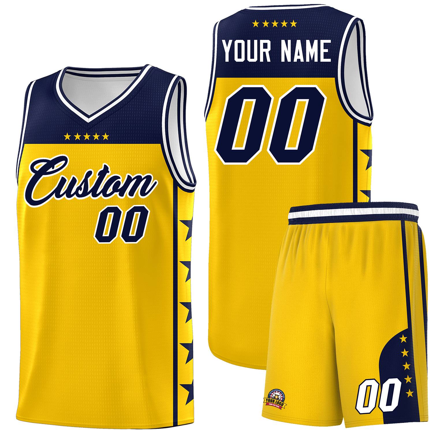 Custom Gold Navy Personalized Star Pattern Sports Uniform Basketball Jersey