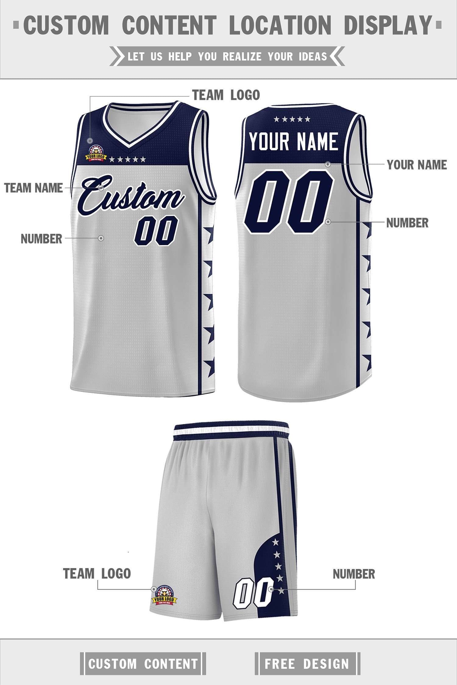 Custom Gray Navy Personalized Star Pattern Sports Uniform Basketball Jersey