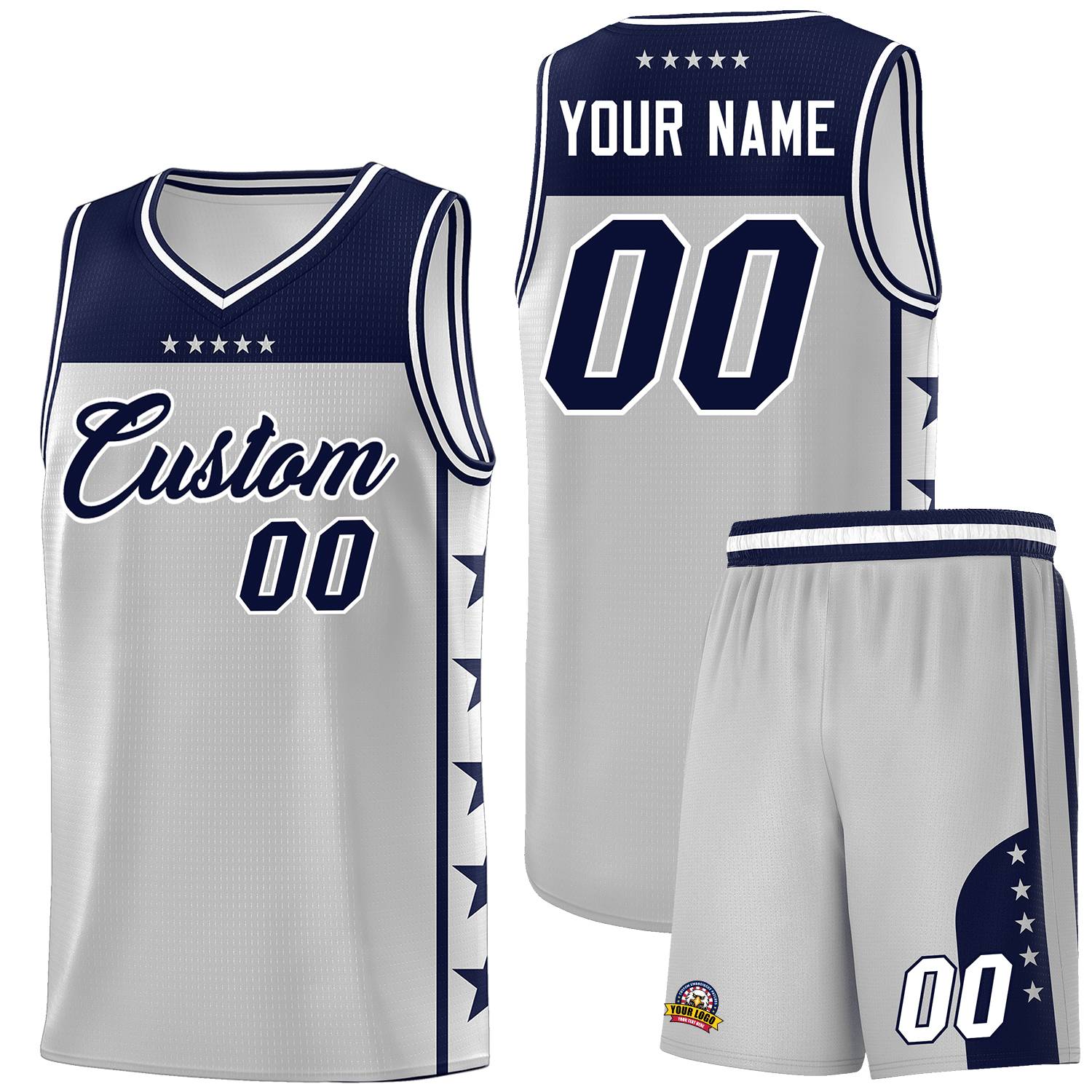Custom Gray Navy Personalized Star Pattern Sports Uniform Basketball Jersey
