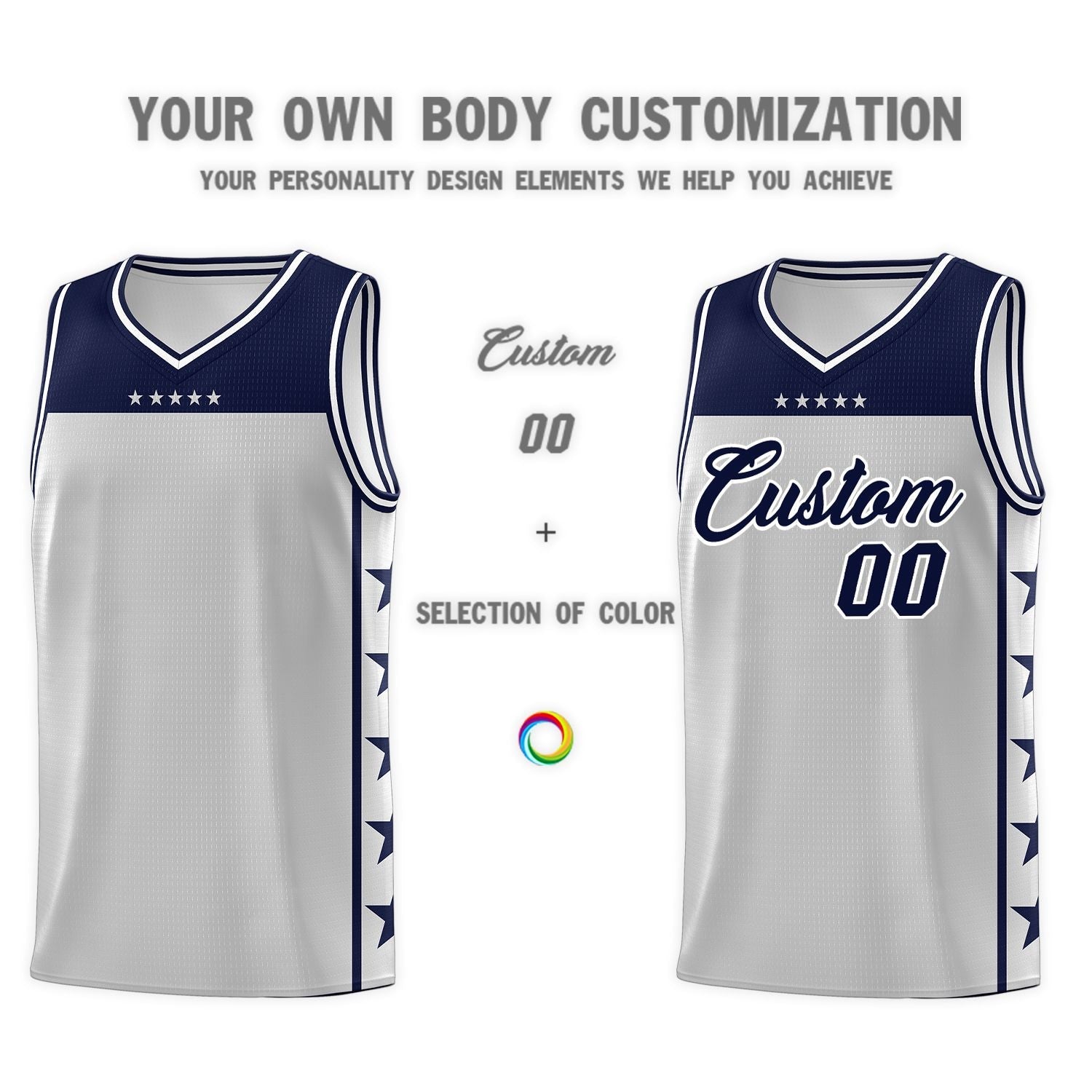 Custom Gray Navy Personalized Star Pattern Sports Uniform Basketball Jersey