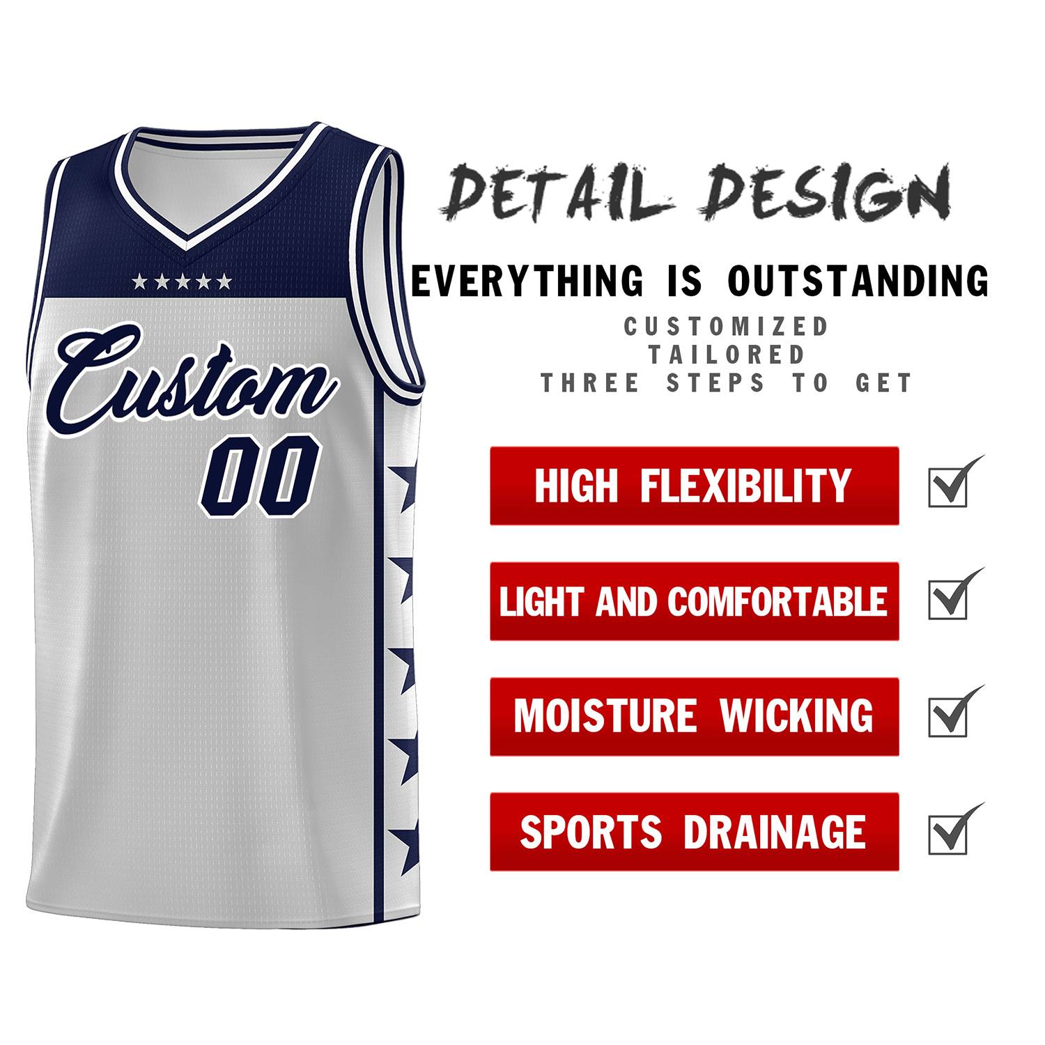 Custom Gray Navy Personalized Star Pattern Sports Uniform Basketball Jersey