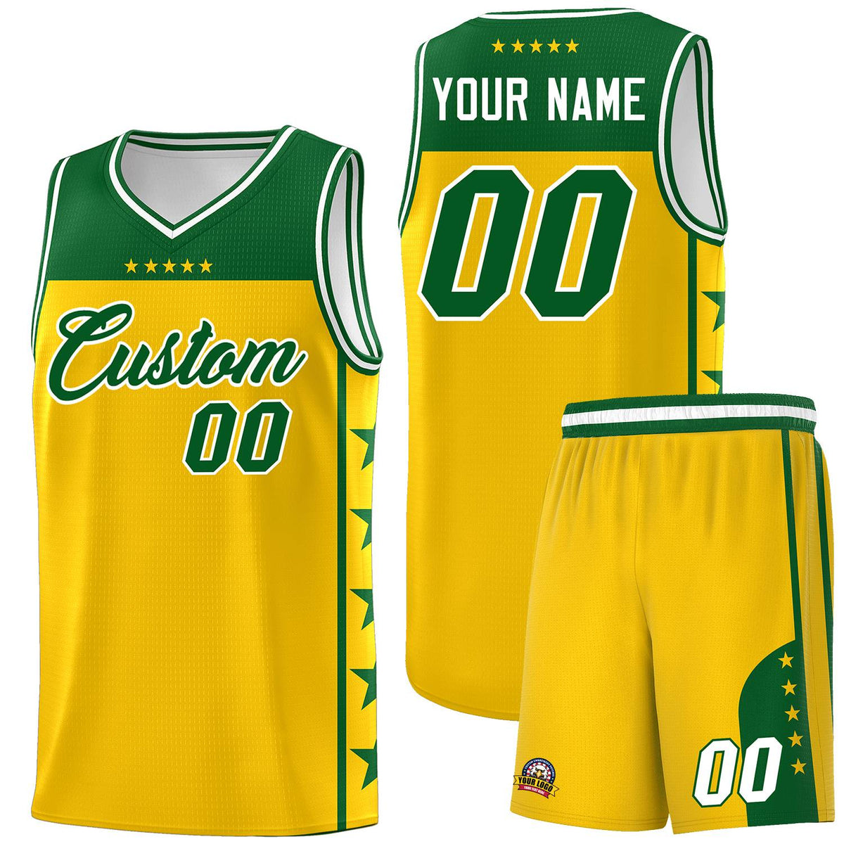 Custom Gold Kelly Green Personalized Star Pattern Sports Uniform Basketball Jersey