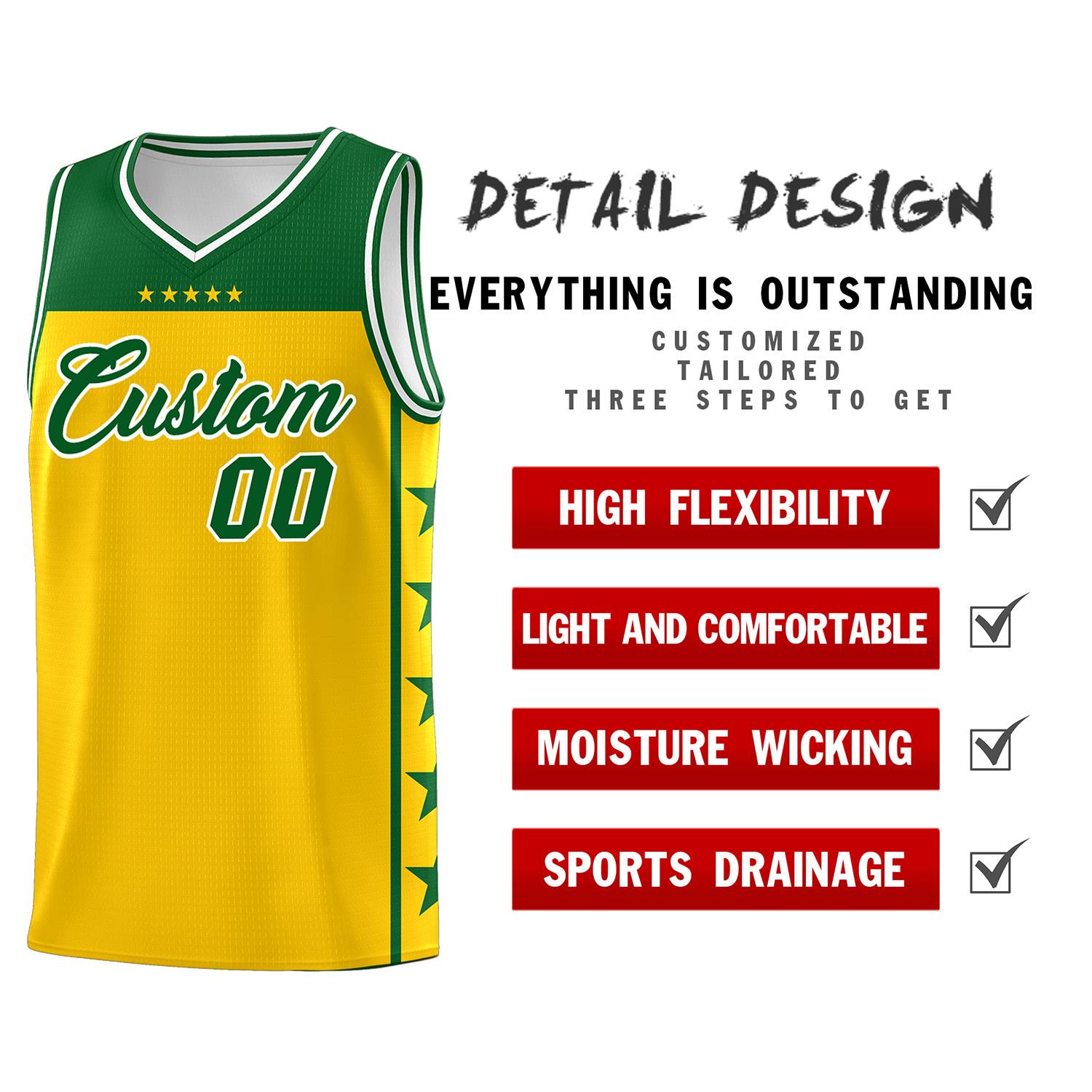 Custom Gold Kelly Green Personalized Star Pattern Sports Uniform Basketball Jersey