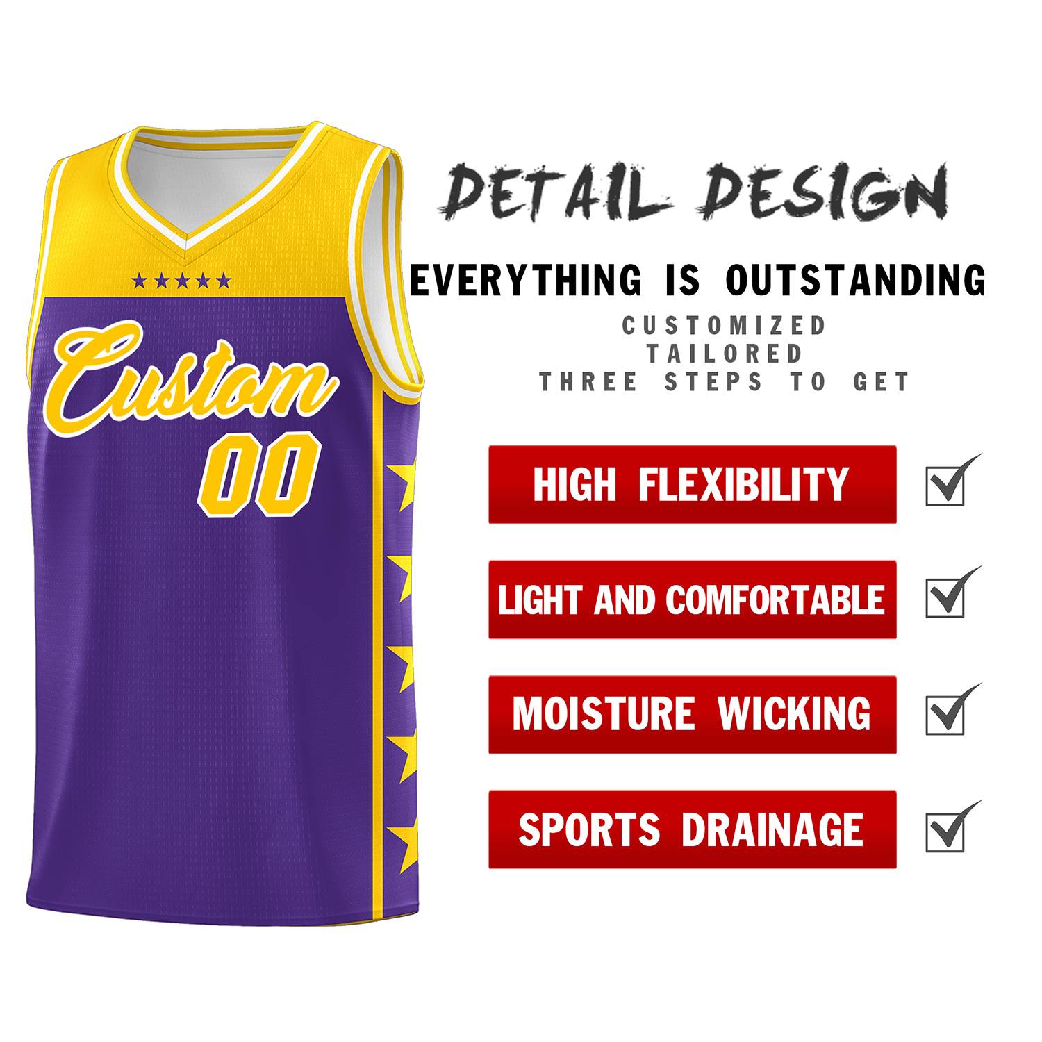 Custom Purple Yellow Personalized Star Pattern Sports Uniform Basketball Jersey