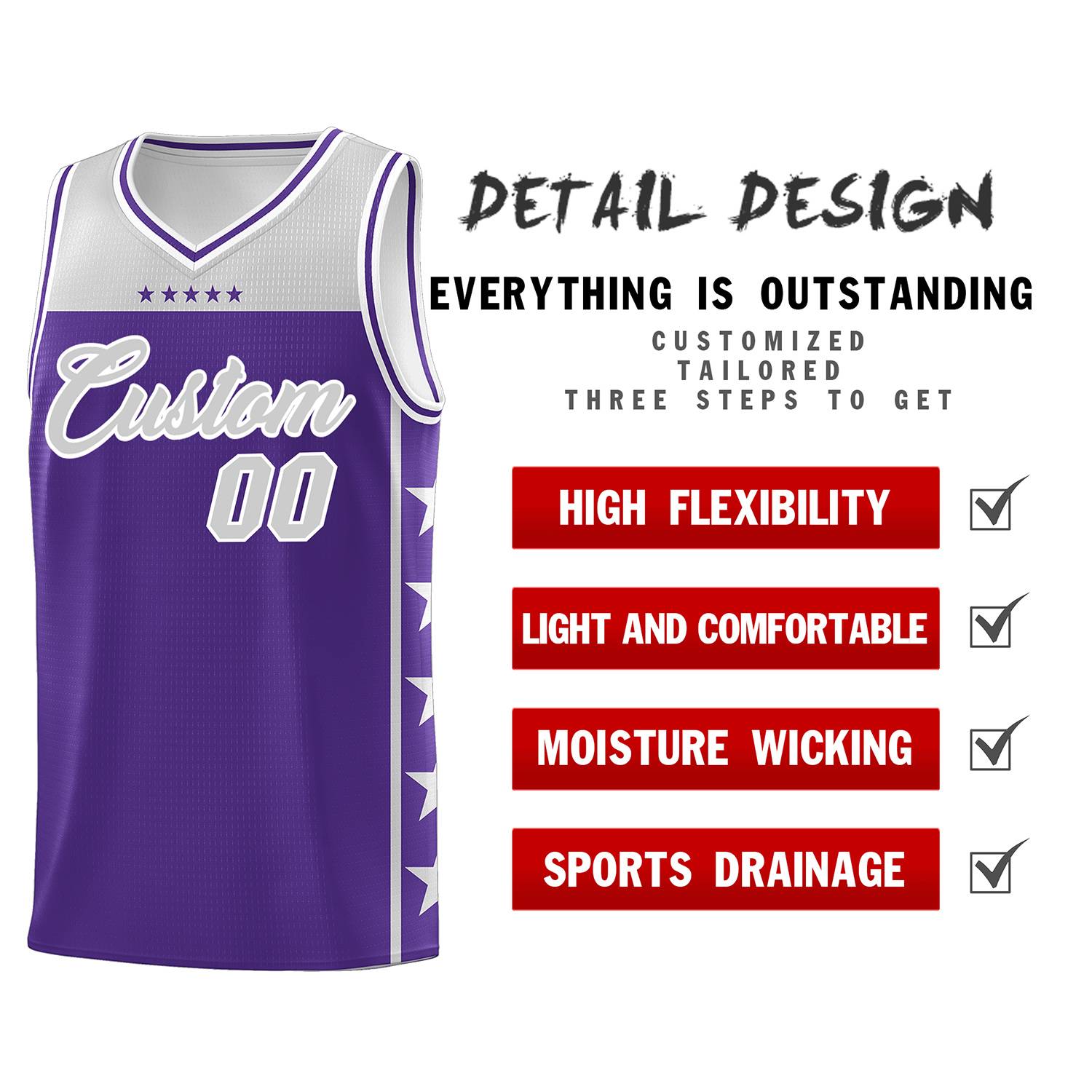 Custom Purple Gray Personalized Star Pattern Sports Uniform Basketball Jersey