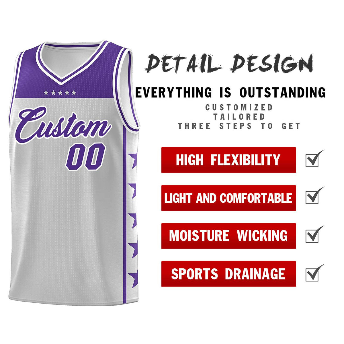 Custom Gray Purple Personalized Star Pattern Sports Uniform Basketball Jersey