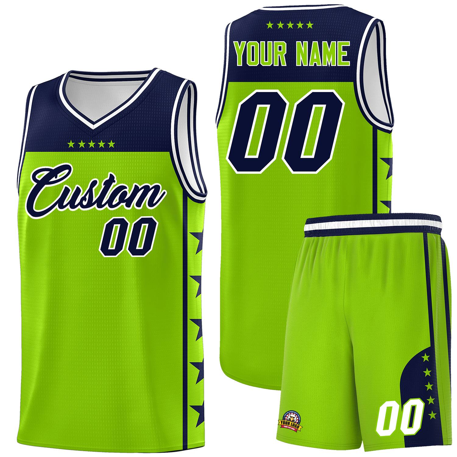 Custom Neon Green Navy Personalized Star Pattern Sports Uniform Basketball Jersey