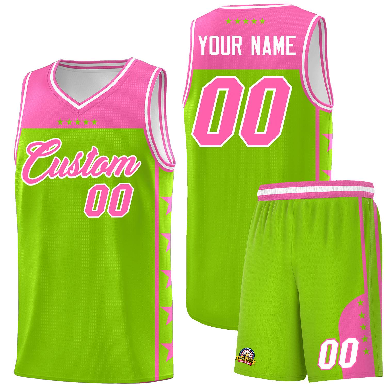 Custom Neon Green Pink Personalized Star Pattern Sports Uniform Basketball Jersey