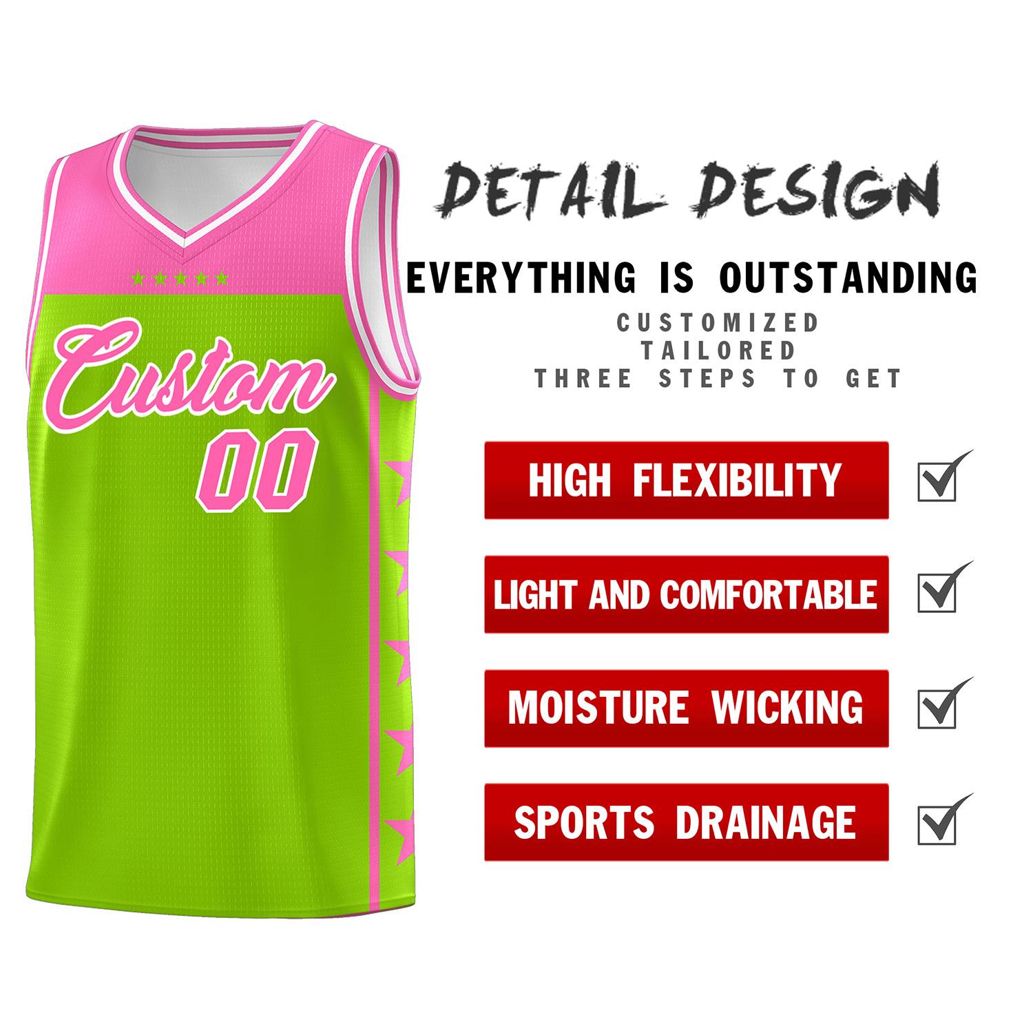 Custom Neon Green Pink Personalized Star Pattern Sports Uniform Basketball Jersey