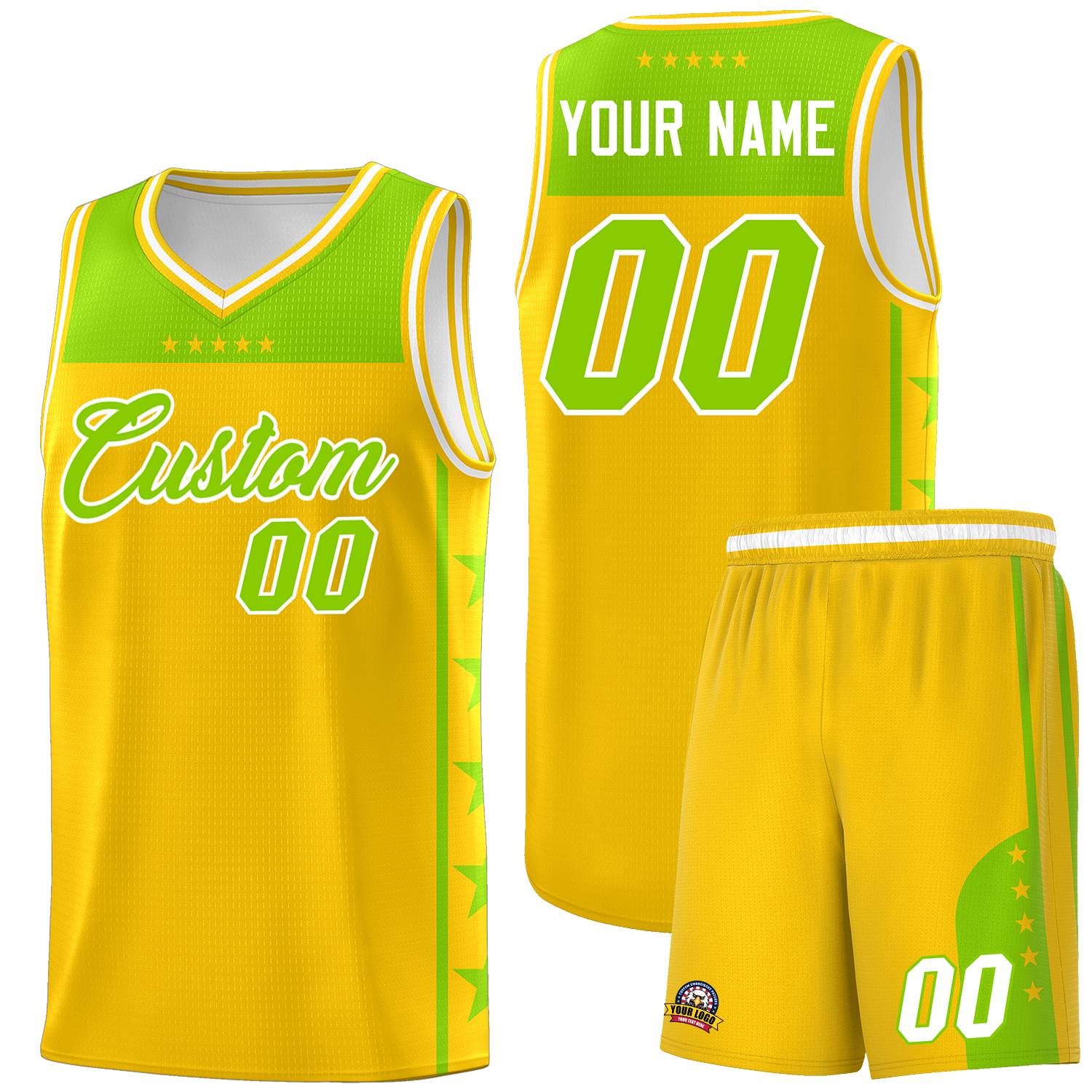 Custom Gold Neon Green Personalized Star Pattern Sports Uniform Basketball Jersey