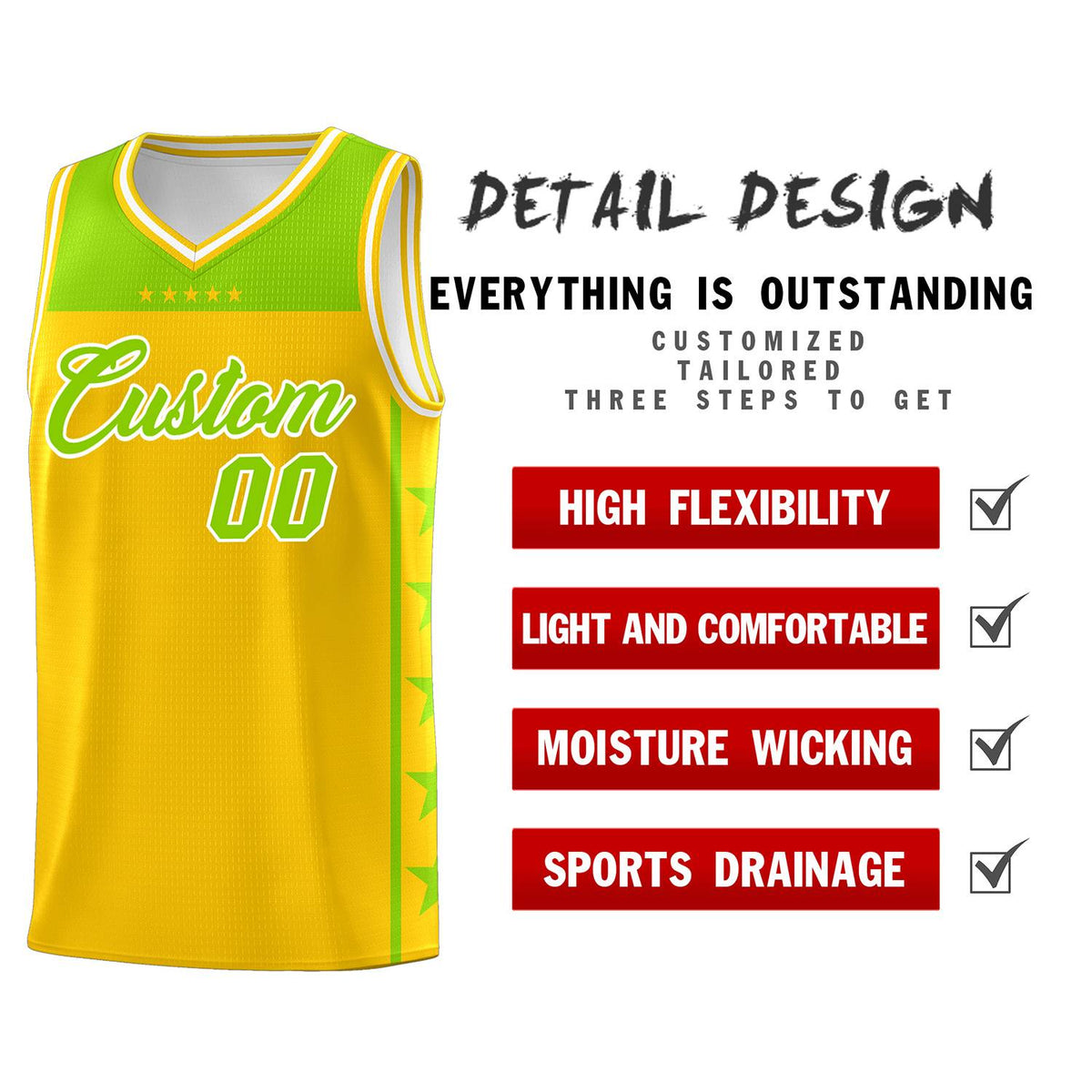 Custom Gold Neon Green Personalized Star Pattern Sports Uniform Basketball Jersey
