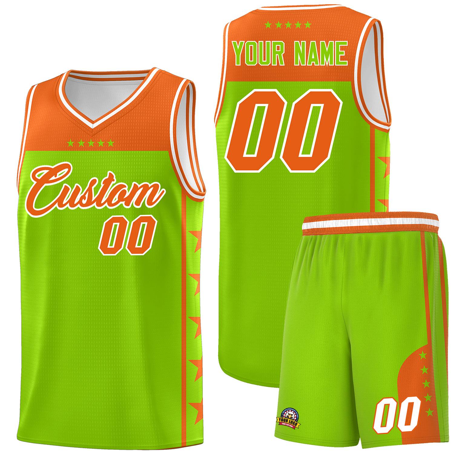 Custom Neon Green Orange Personalized Star Pattern Sports Uniform Basketball Jersey