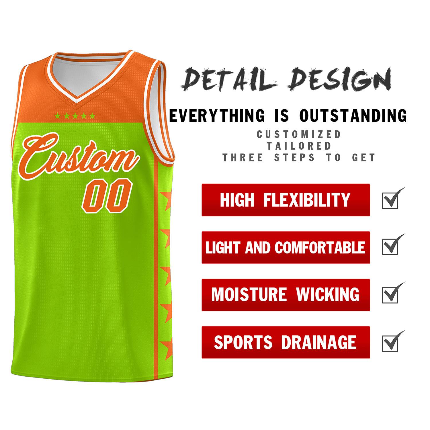 Custom Neon Green Orange Personalized Star Pattern Sports Uniform Basketball Jersey