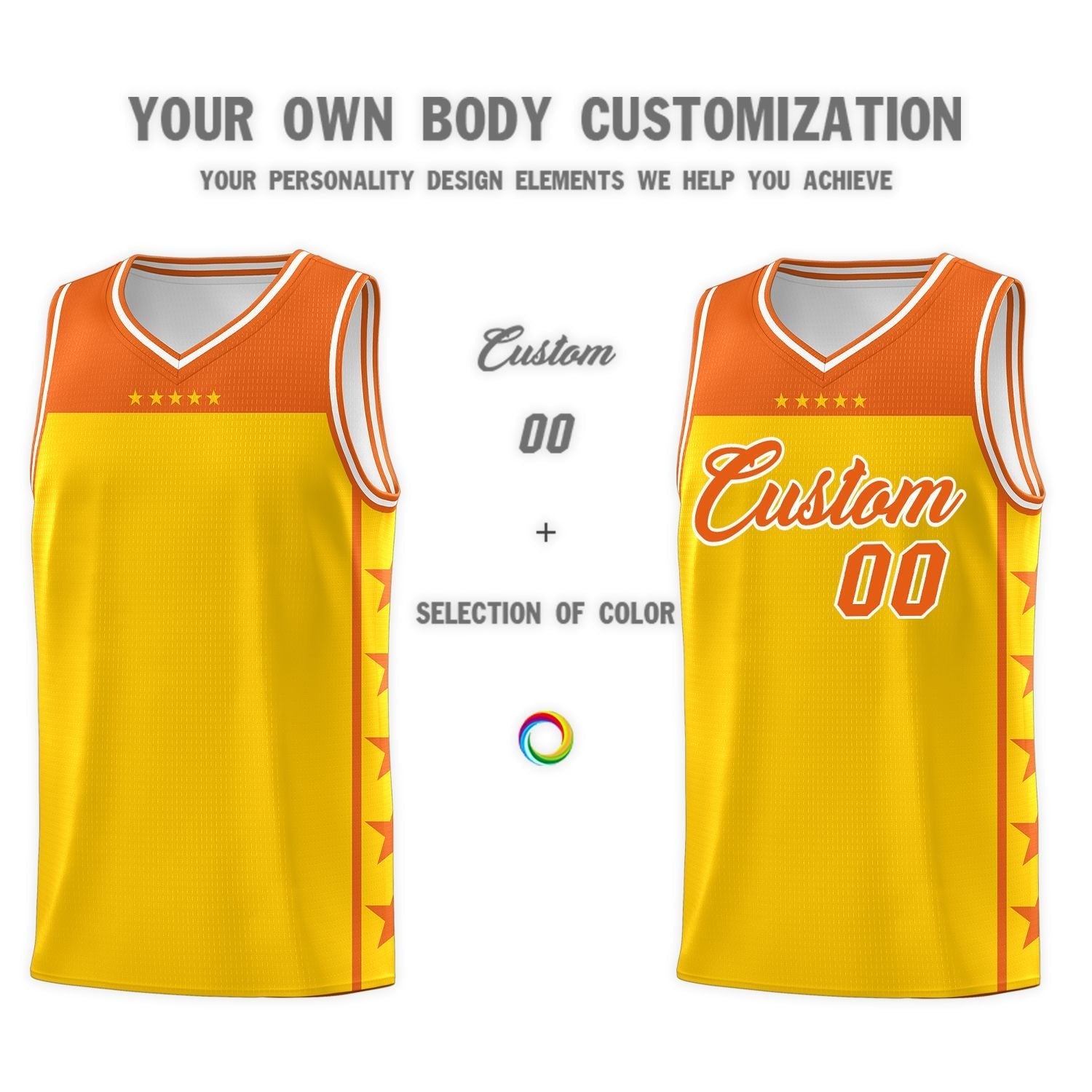 Custom Gold Orange Personalized Star Pattern Sports Uniform Basketball Jersey