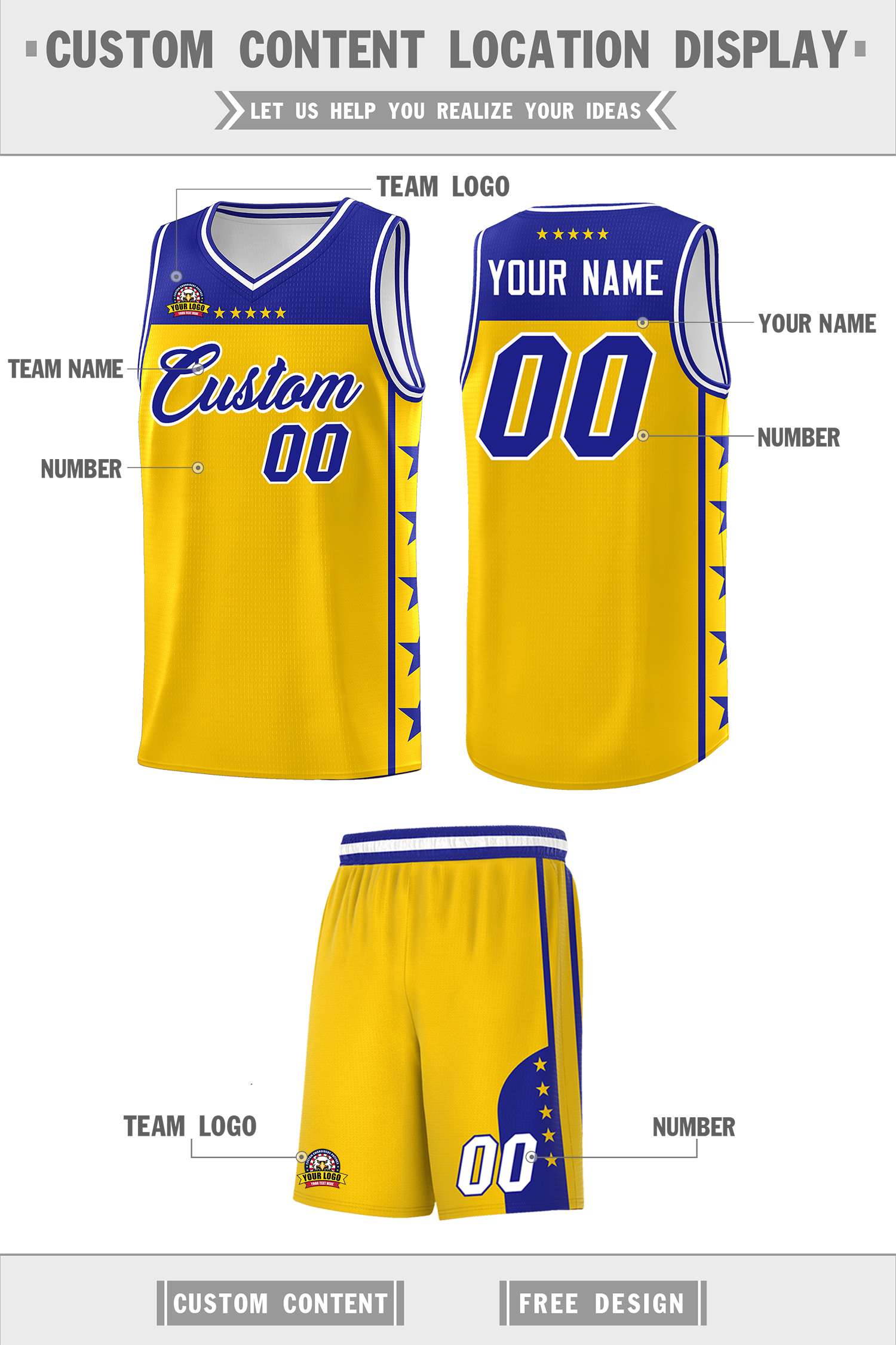 Custom Gold Royal Personalized Star Pattern Sports Uniform Basketball Jersey