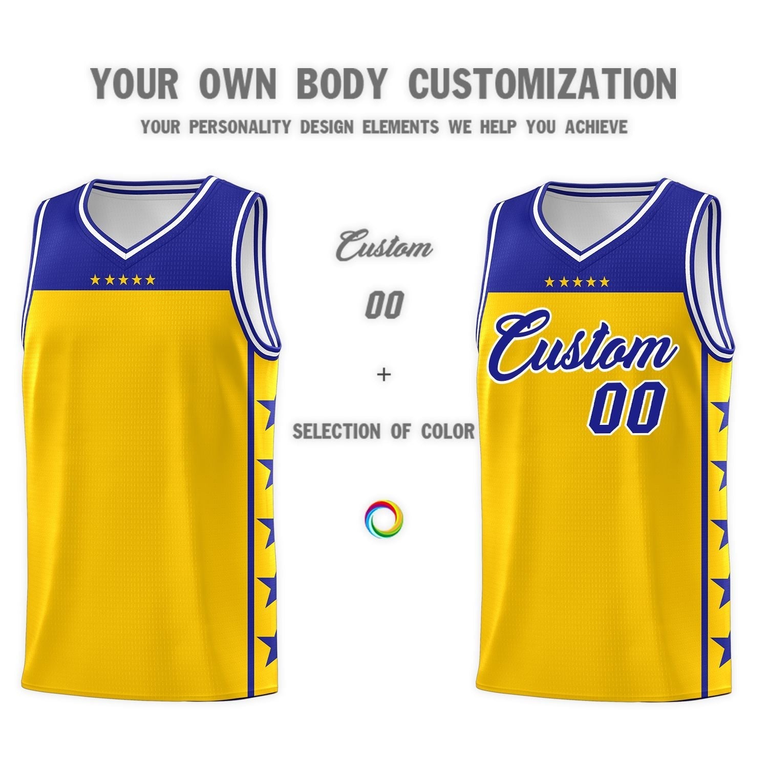 Custom Gold Royal Personalized Star Pattern Sports Uniform Basketball Jersey