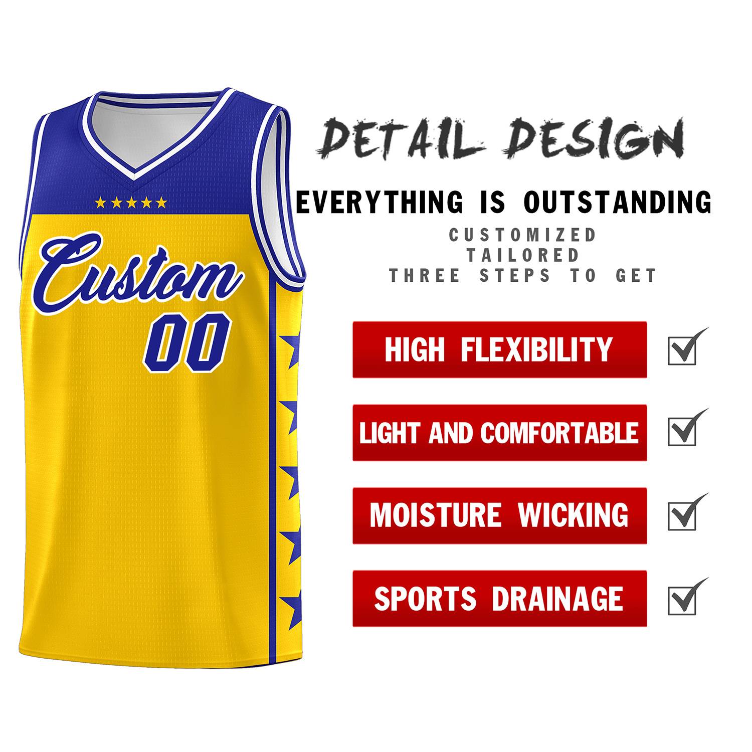 Custom Gold Royal Personalized Star Pattern Sports Uniform Basketball Jersey