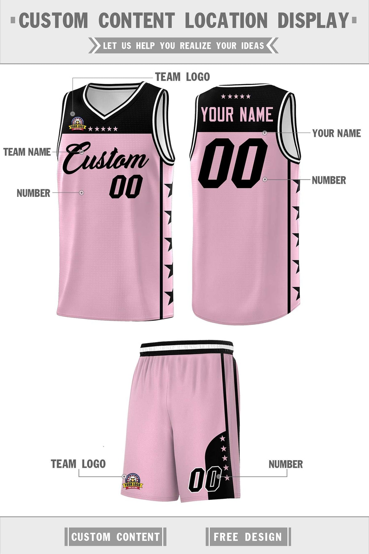 Custom Light Pink Black Personalized Star Pattern Sports Uniform Basketball Jersey