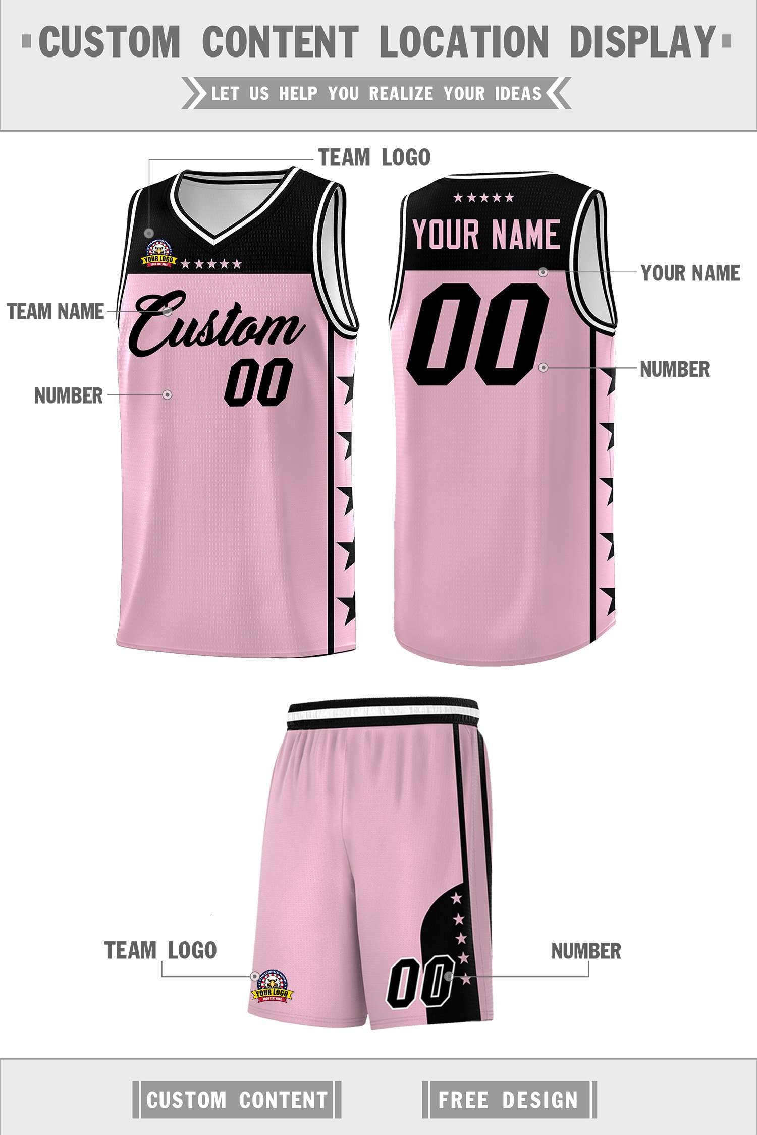 Custom Light Pink Black Personalized Star Pattern Sports Uniform Basketball Jersey