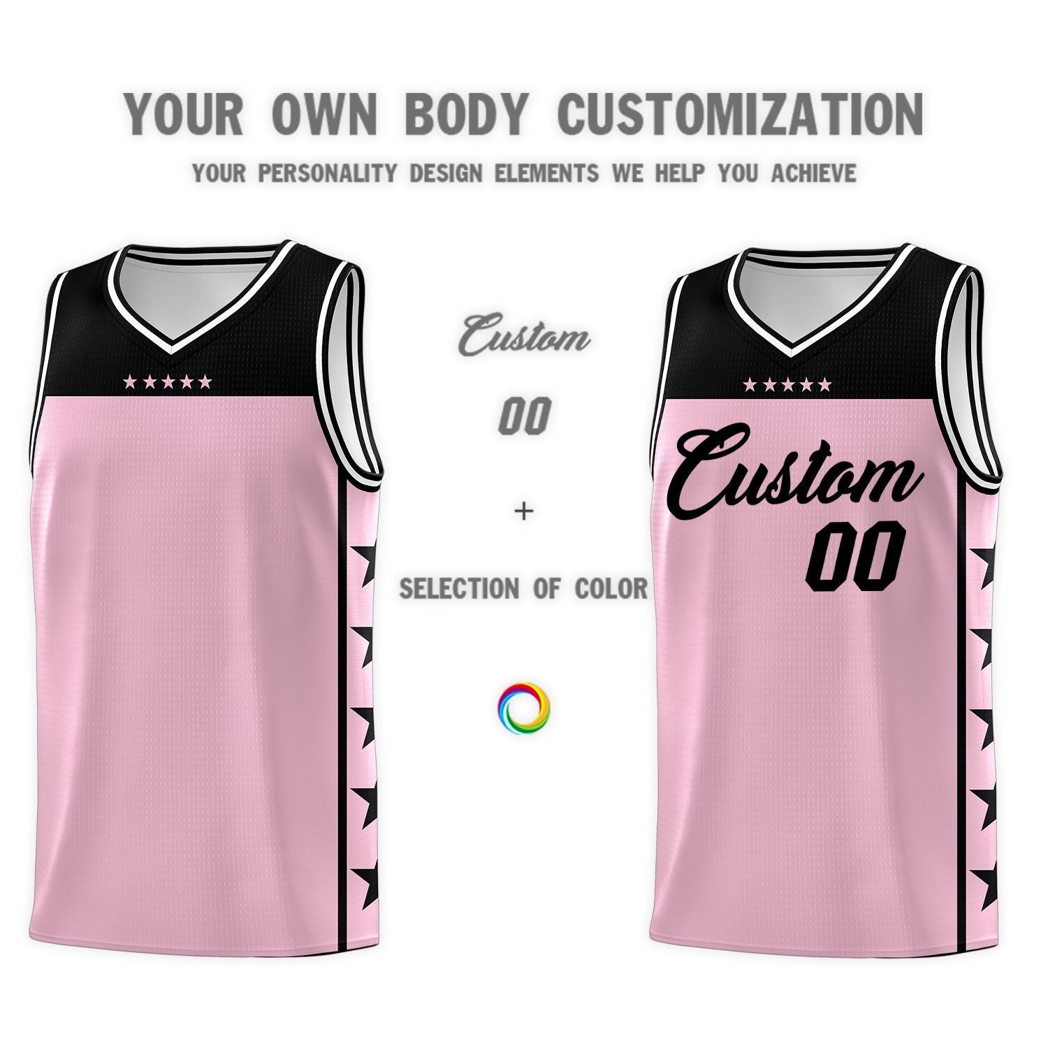 Custom Light Pink Black Personalized Star Pattern Sports Uniform Basketball Jersey