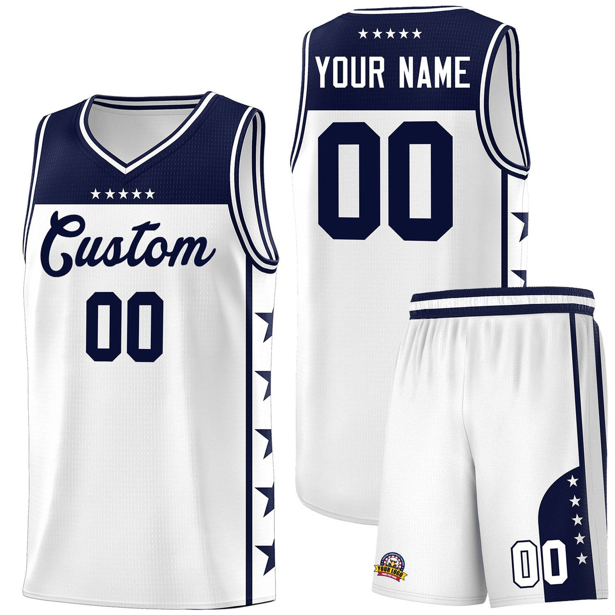Custom White Navy Personalized Star Pattern Sports Uniform Basketball Jersey