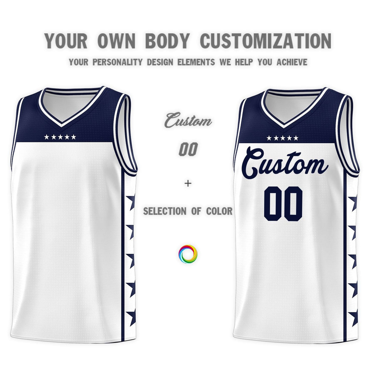 Custom White Navy Personalized Star Pattern Sports Uniform Basketball Jersey