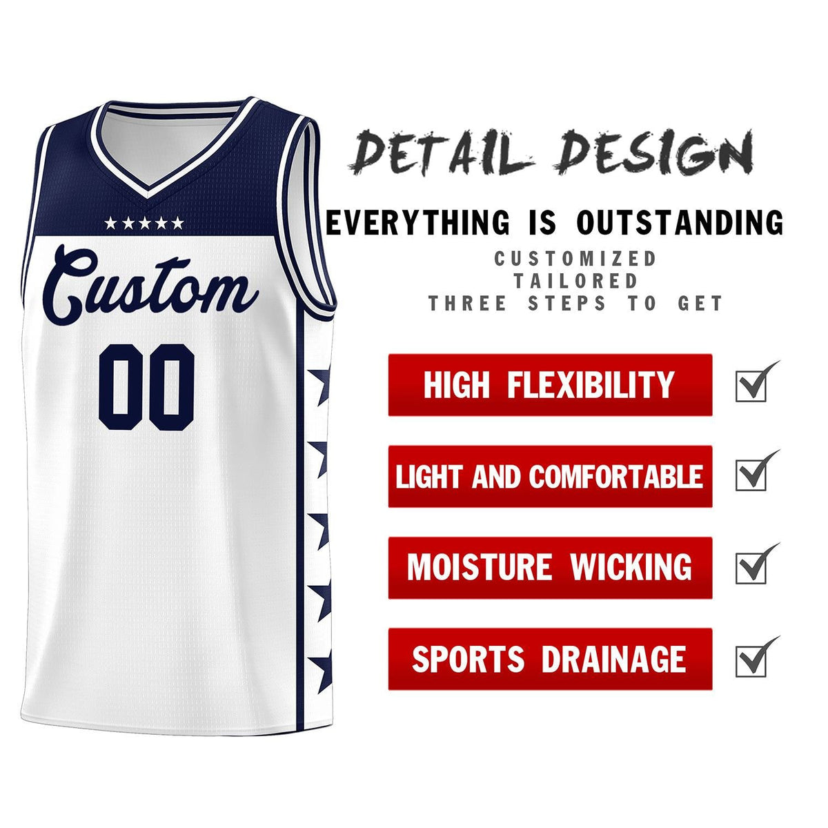 Custom White Navy Personalized Star Pattern Sports Uniform Basketball Jersey