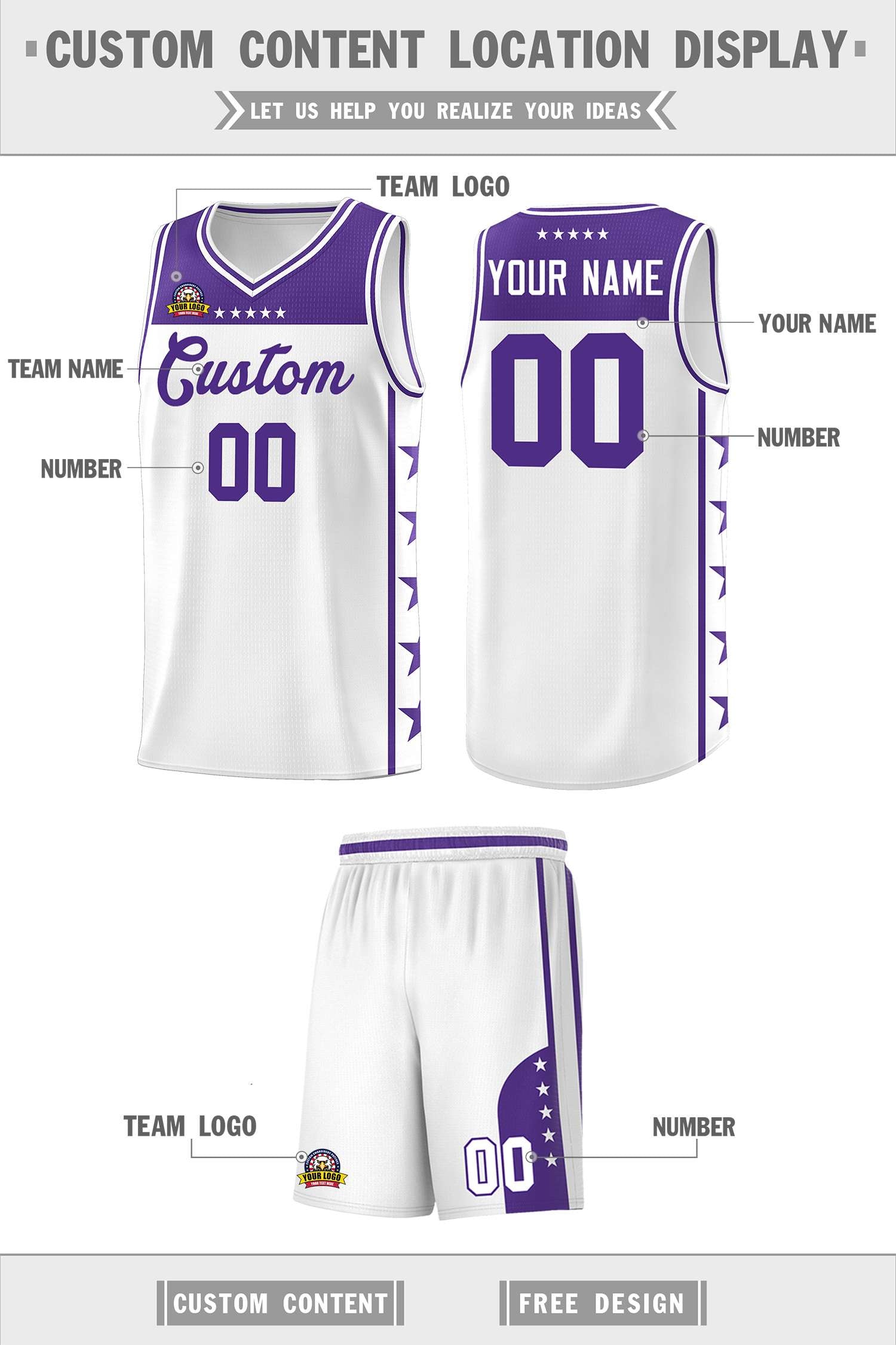 Custom White Purple Personalized Star Pattern Sports Uniform Basketball Jersey
