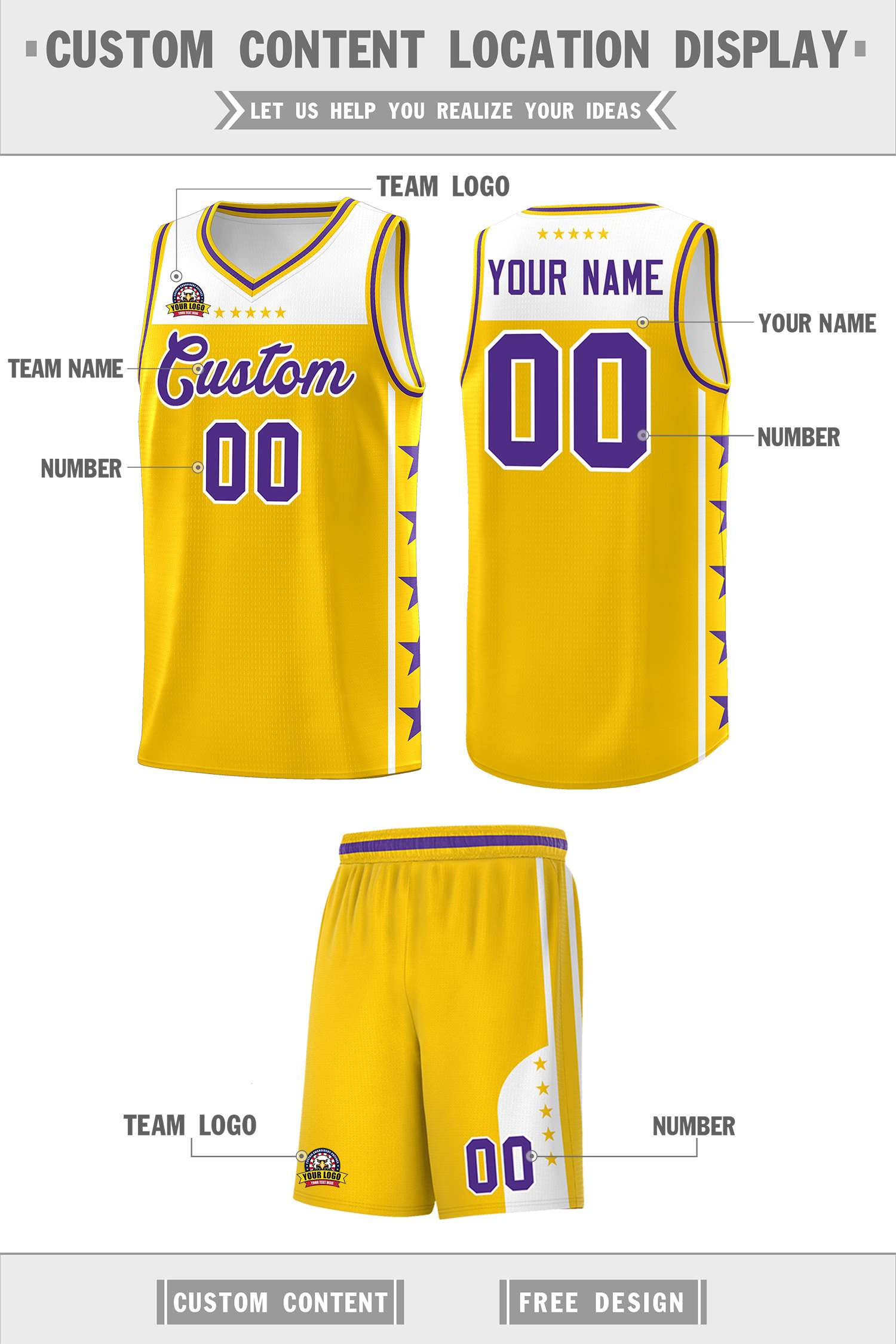 Custom Gold Purple Personalized Star Pattern Sports Uniform Basketball Jersey