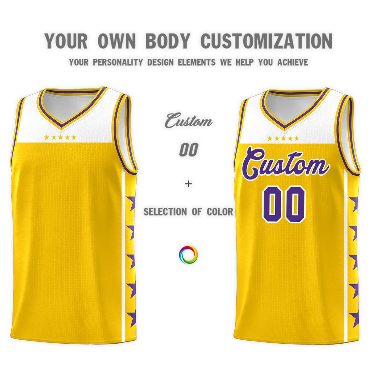 Custom Gold Purple Personalized Star Pattern Sports Uniform Basketball Jersey